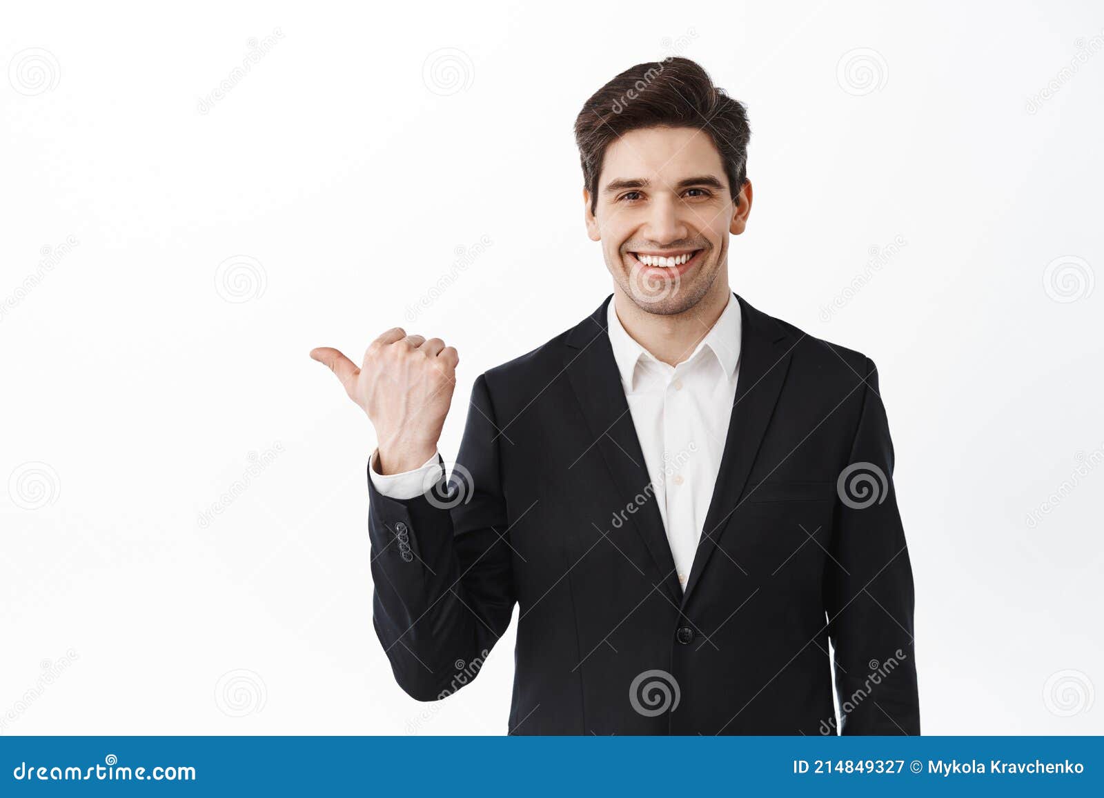 Smiling Businessman, Corporate Man In Suit Pointing Aside And Showing ...