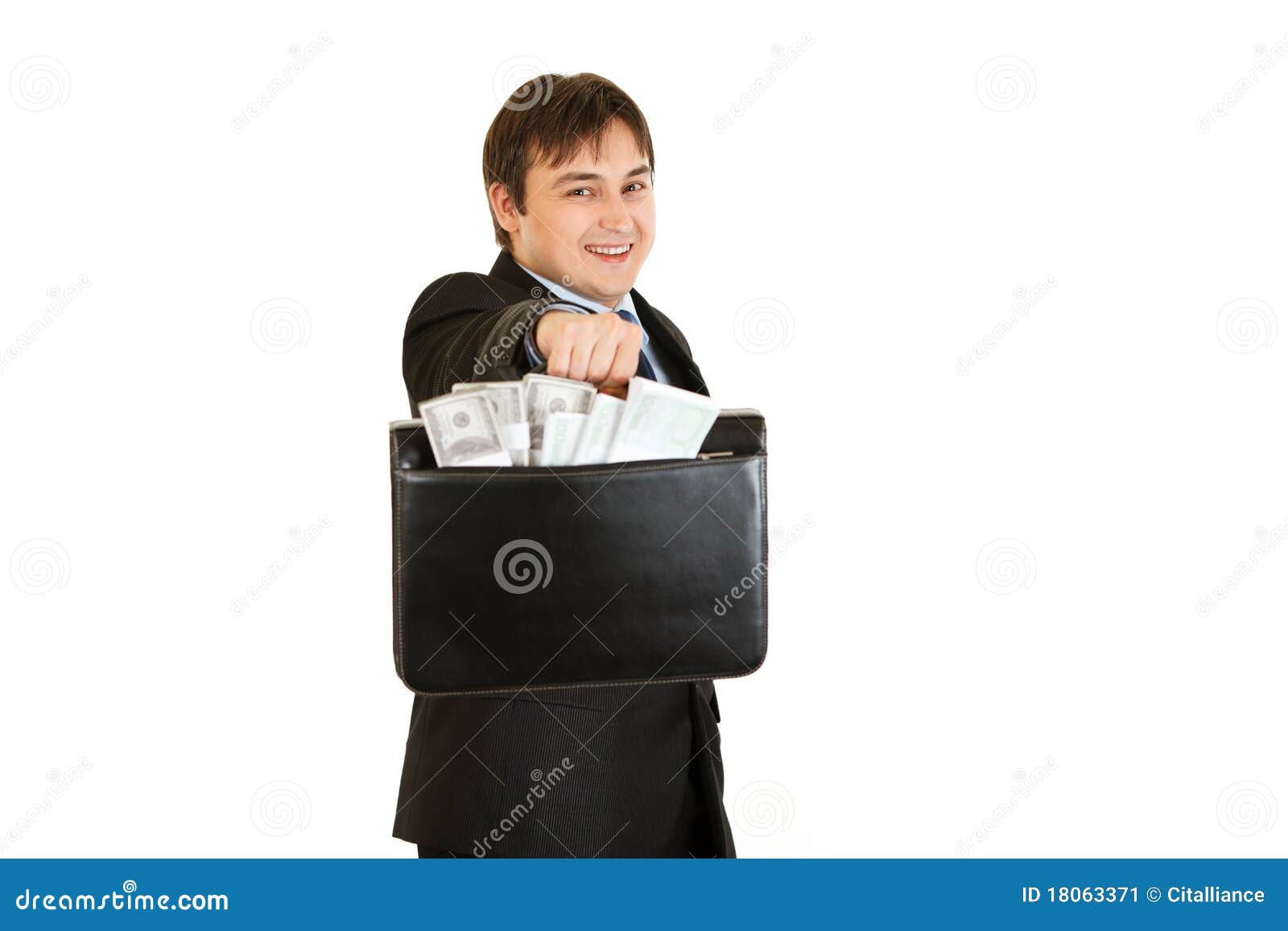 Smiling Businessman Giving Briefcase with Money Stock Image Image of