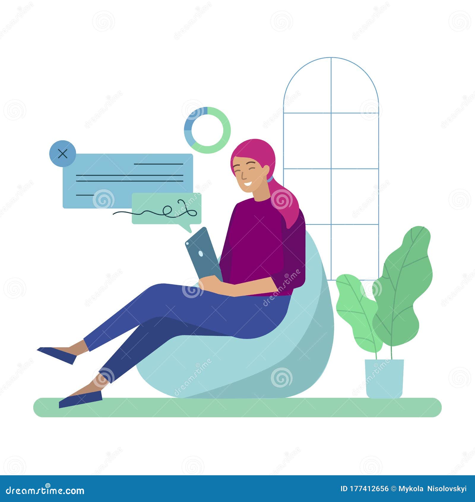 Smiling Businesswoman Freelancer Works on Tablet Stock Vector ...