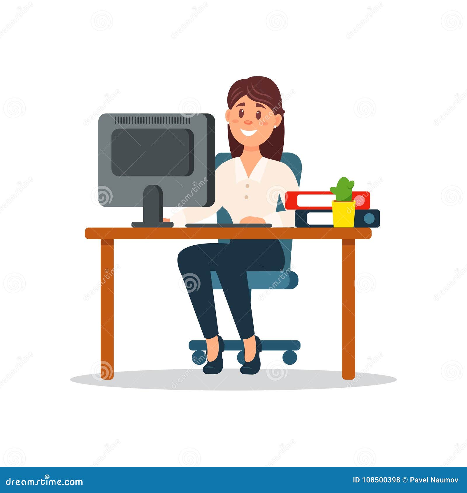Smiling Businesswoman Sitting At The Desk Working With Computer