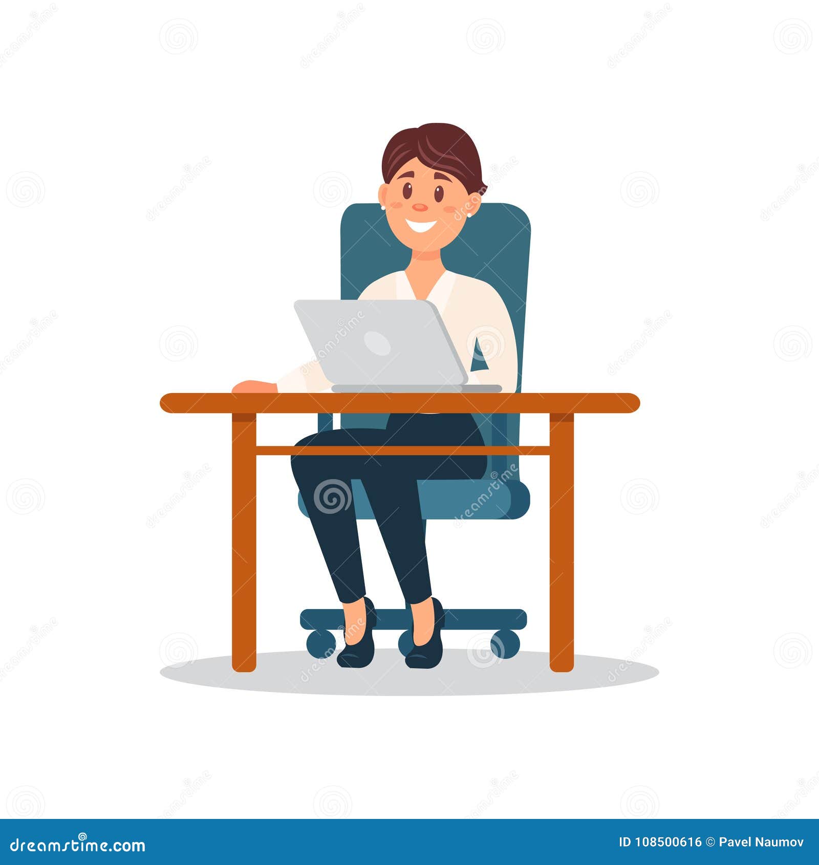 Smiling Businesswoman Sitting At The Desk Working With Laptop