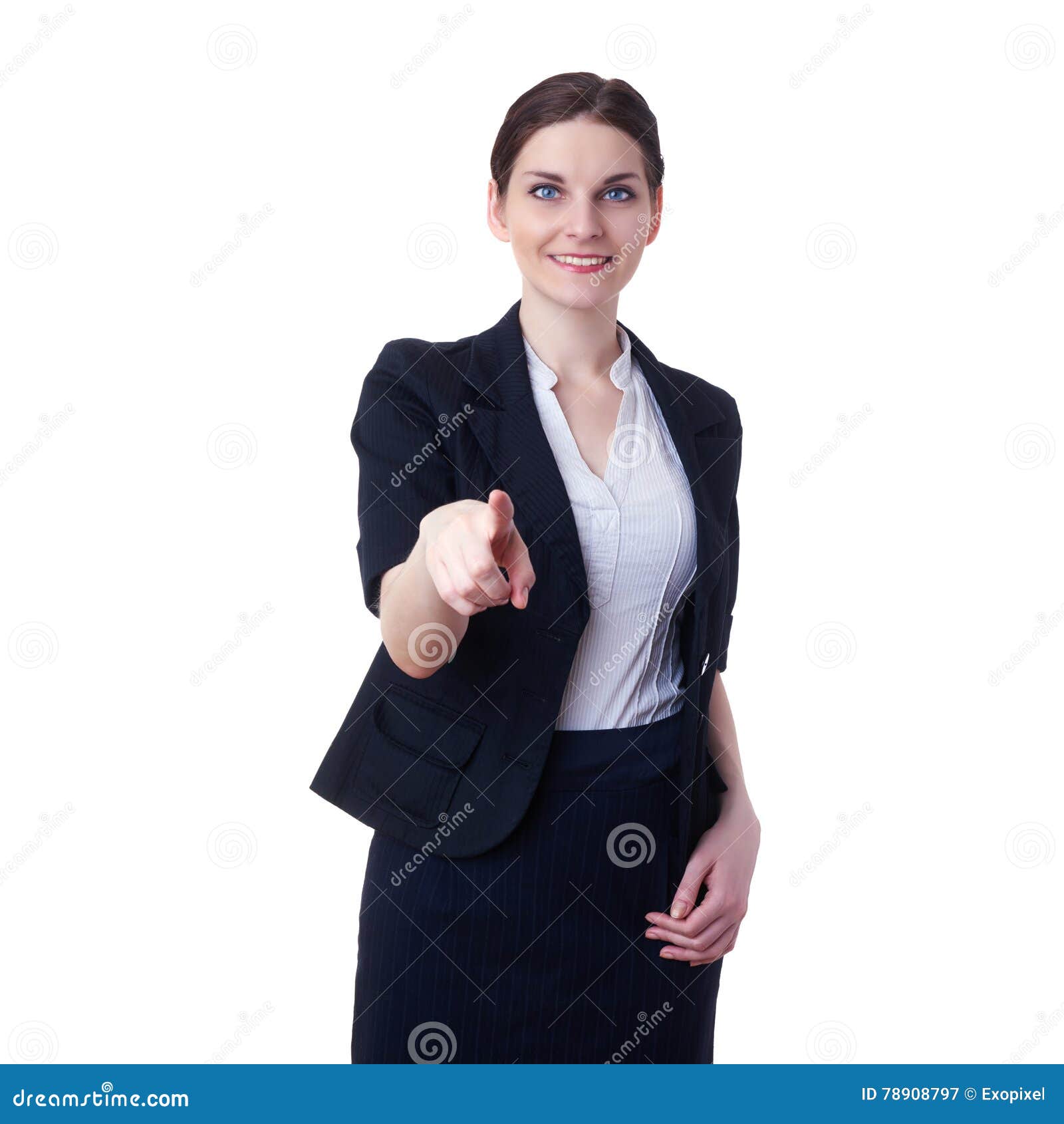 smiling businesswoman standing over white  background