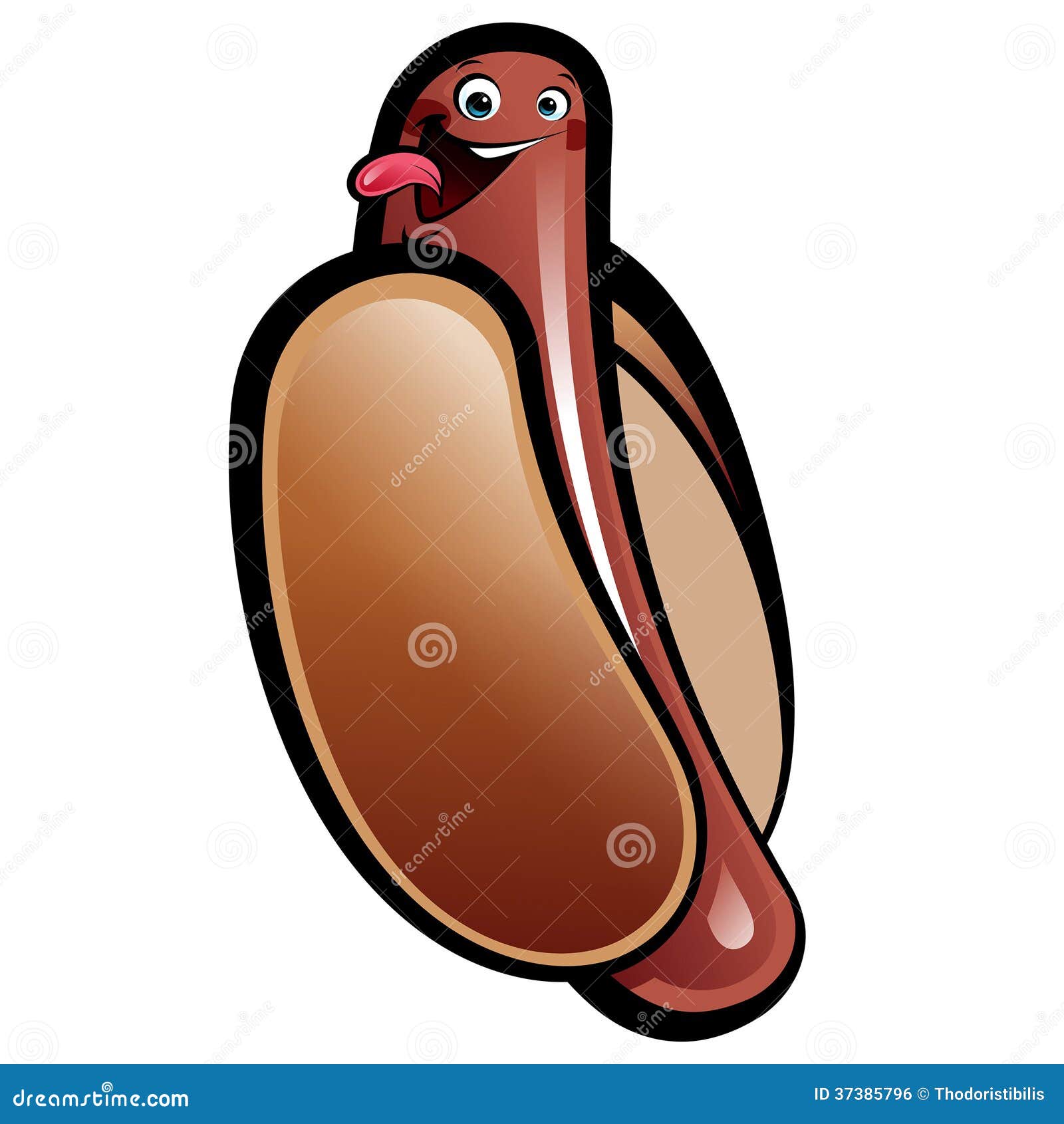 smiling cartoon hot dog frank character in bun