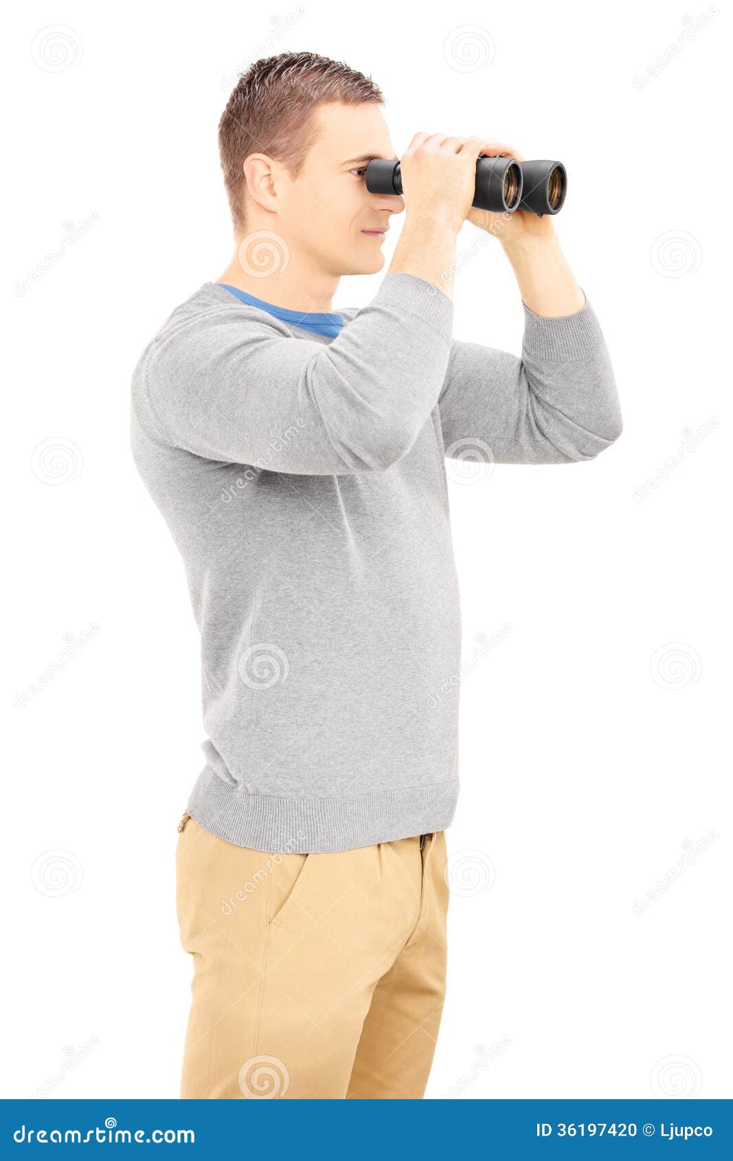 Smiling Casual Man Looking through Binocular Stock Photo Image of
