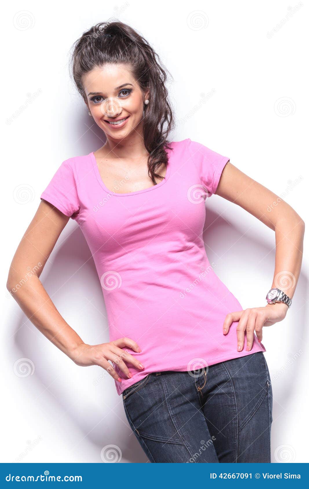 Smiling Casual Woman Standing With Hands On Hips Stock Image Image Of Happy Caucasian 42667091