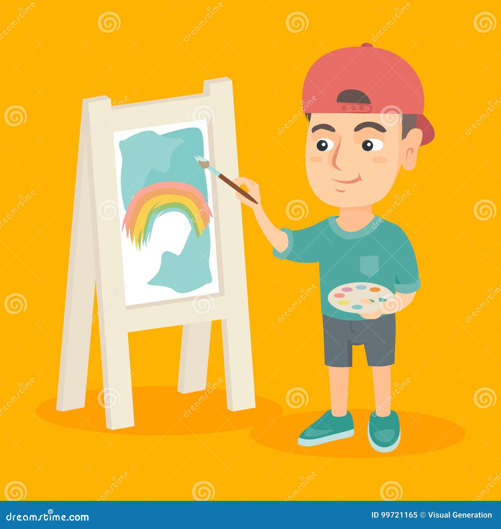 Caucasian boy artist painting picture on a canvas. Smiling caucasian boy artist painting the picture of rainbow on a canvas. Little boy holding palette and brush and drawing a piece of art on a easel. Vector sketch cartoon illustration. Square layout.