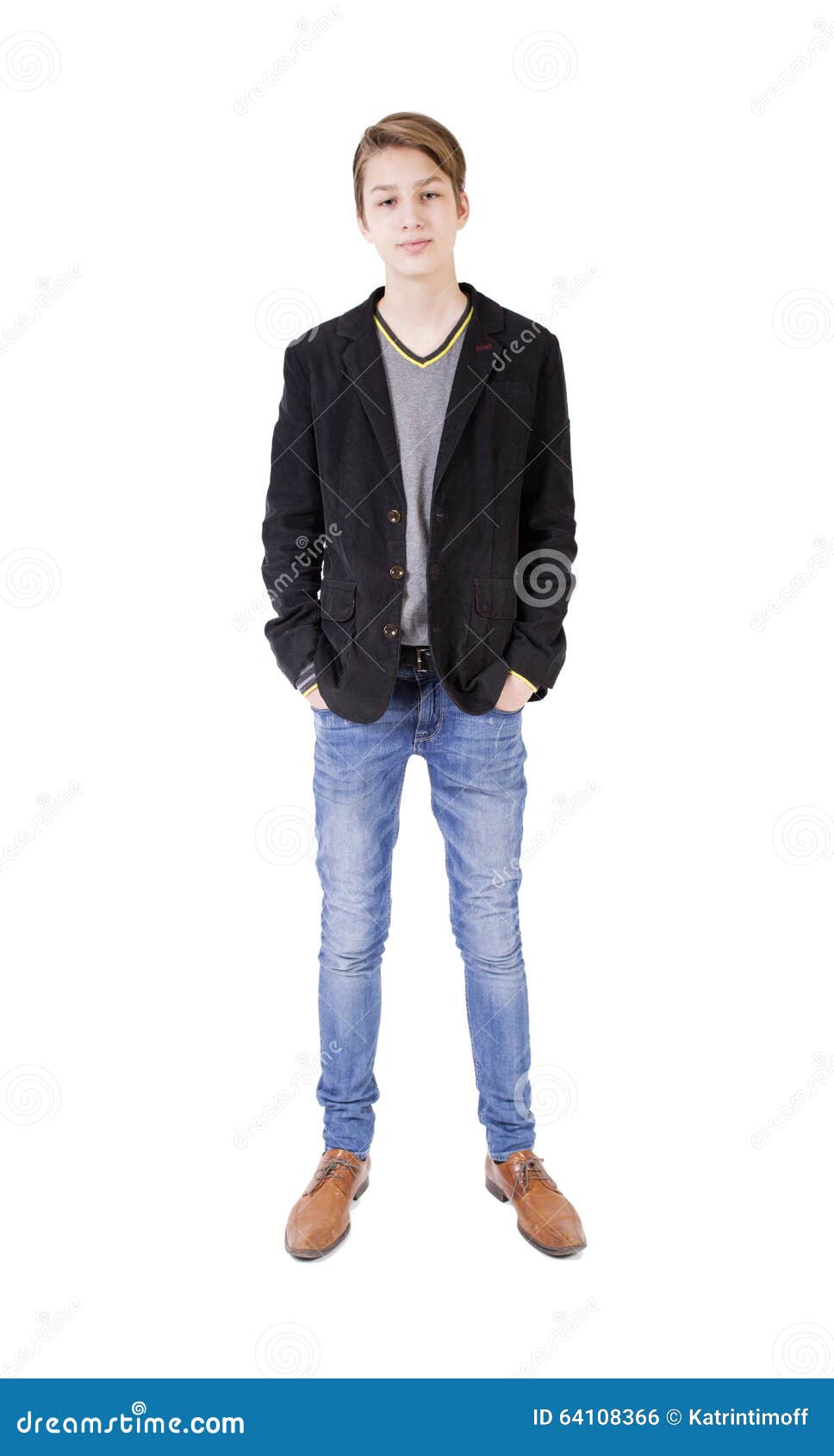 Smiling Caucasian Sad Teen Boy Standing at Full Height Stock Photo - Image  of jacket, smile: 64108366