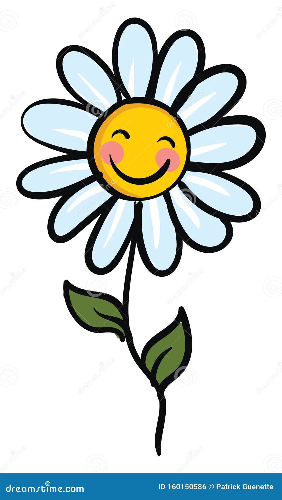 Smiling Chamomile Flower with Green Leaves Vector Illustration Stock ...