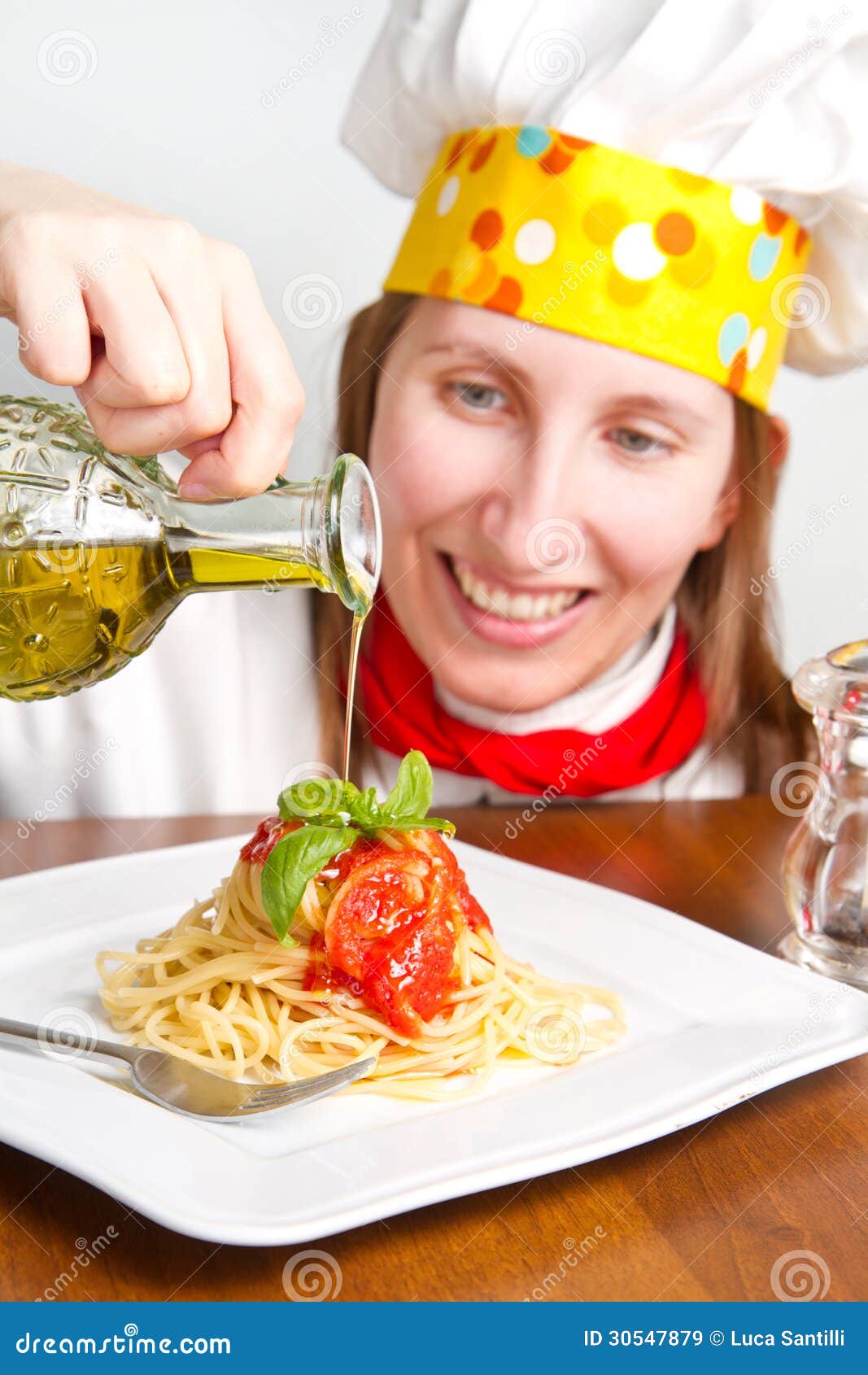 Smiling Chef Garnish an Italian Pasta Dish Stock Image Image of