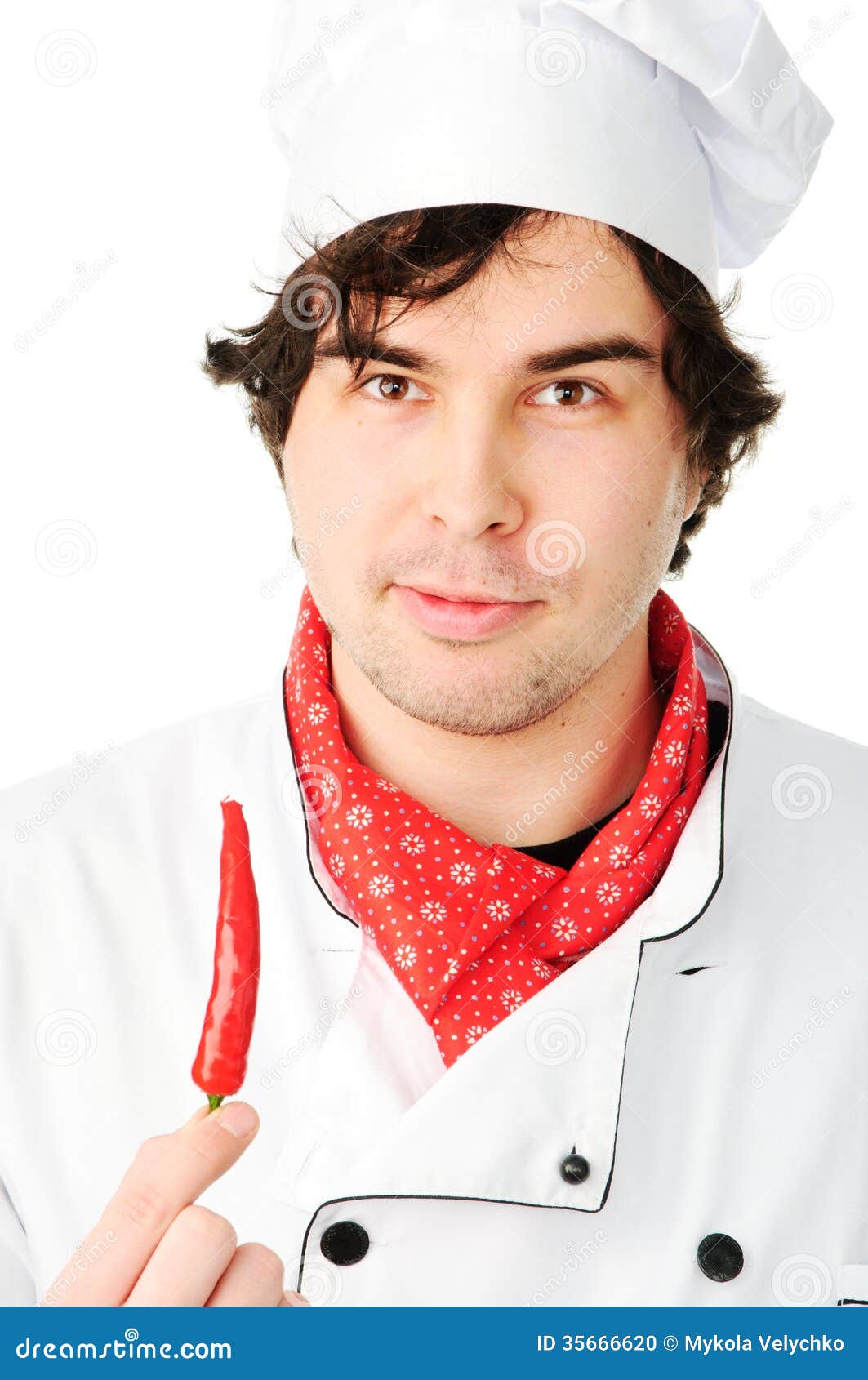 Smiling Chef in Uniform Holding Hot Chili Peppers Stock Photo Image