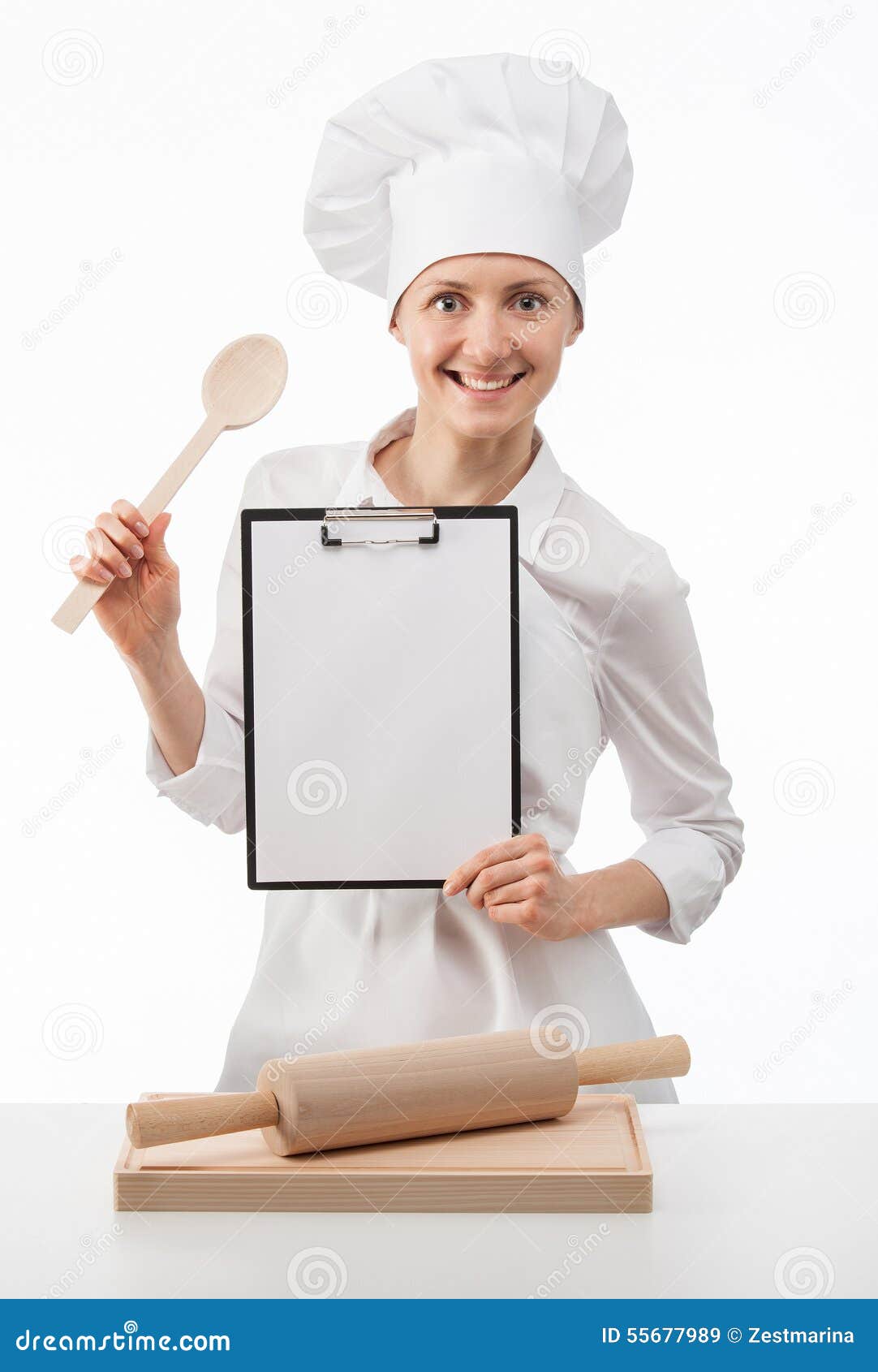 Smiling Chef Woman Cook Holding Blank Clipboard and Spoon Stock Image ...