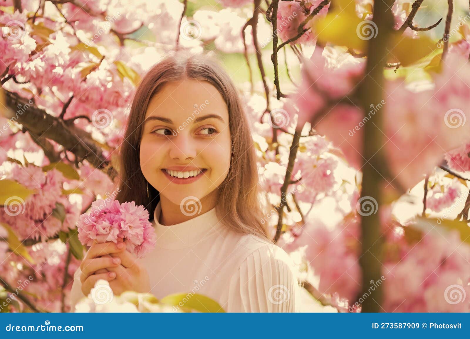 Smiling Child at Sakura Flower Bloom in Spring Stock Image Image of