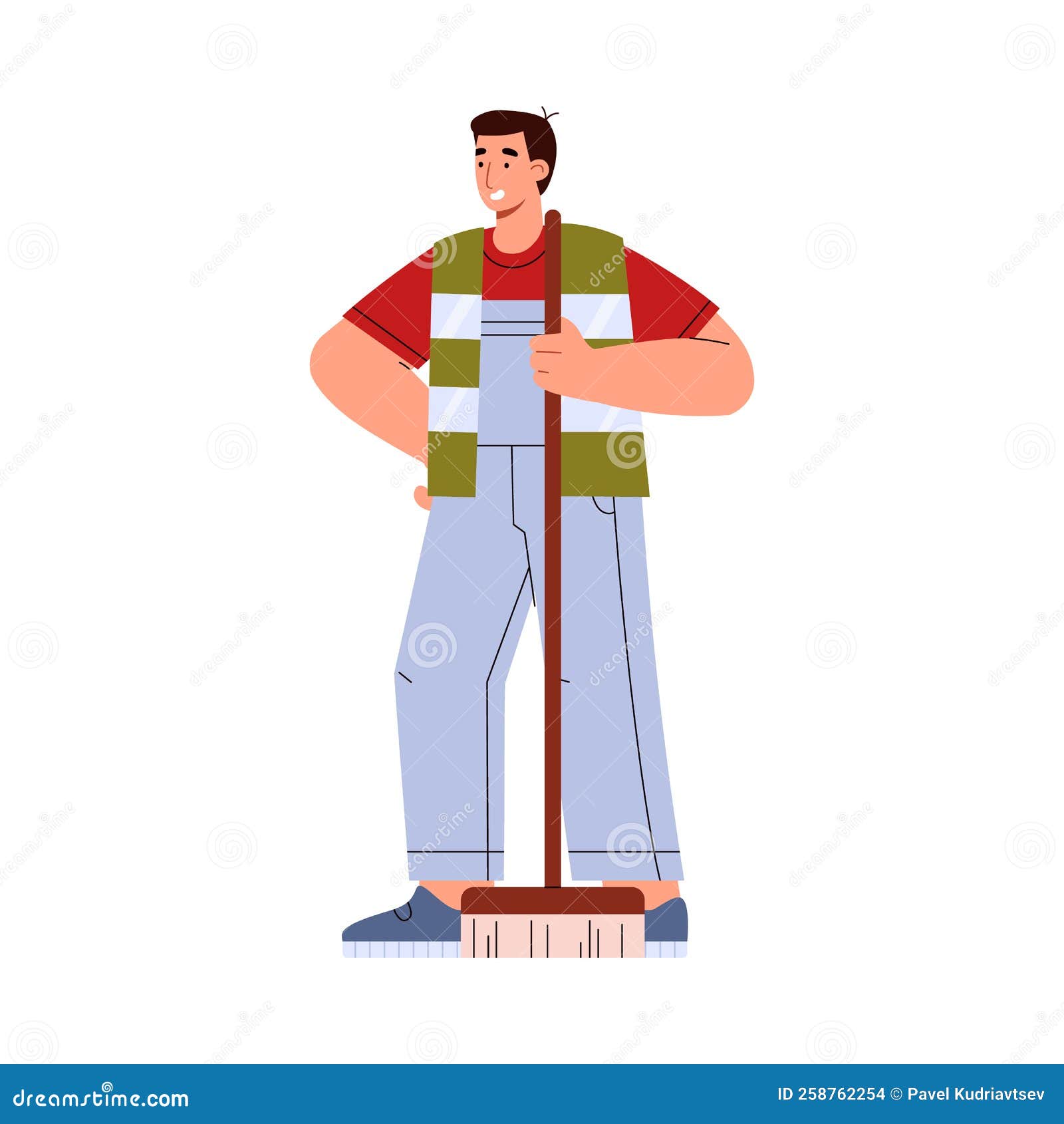  Smiling Confident Man Standing with Broom Flat Style, Vector ...