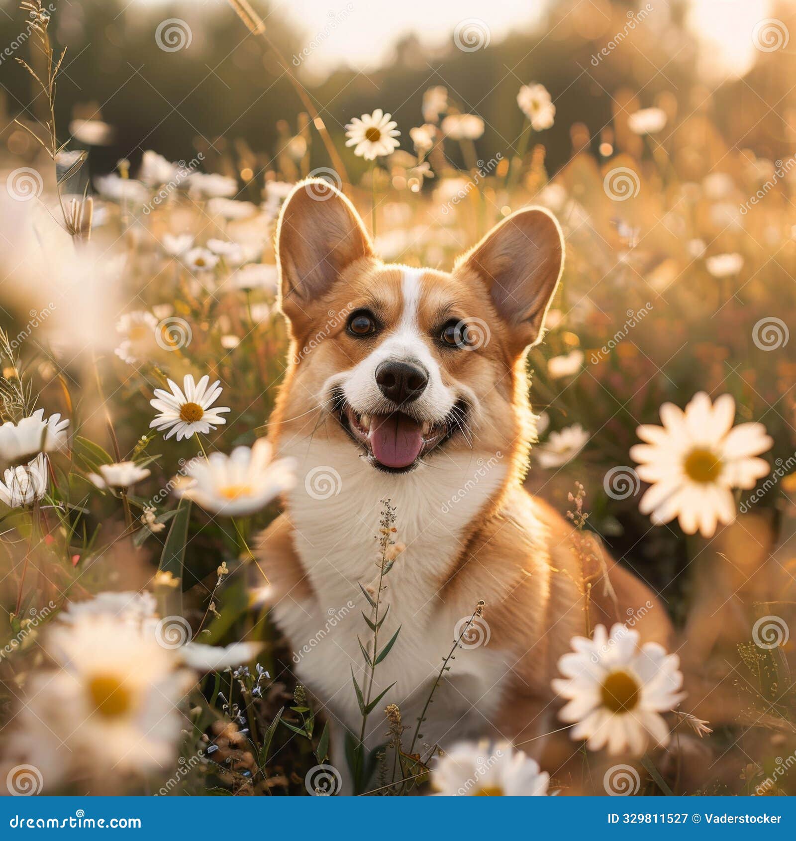 a smiling corgi dog surrounded by daisies in a field