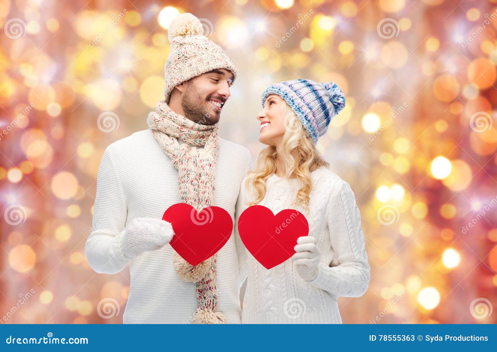 Smiling Couple in Winter Clothes with Red Hearts Stock Image - Image of ...