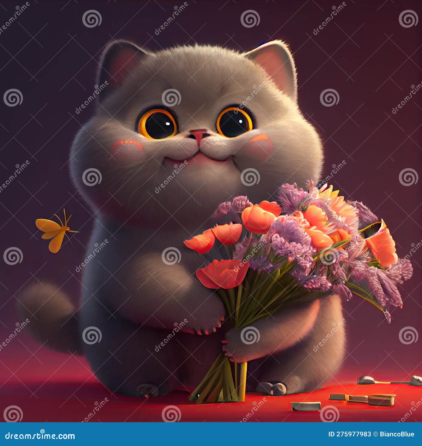 Smiling cute british short hair in cat holding bouquet in colorful flowers  isolated warm background. Concept of phonographic in art digital of animal  abstract profile. Glorious generative AI. Stock Illustration