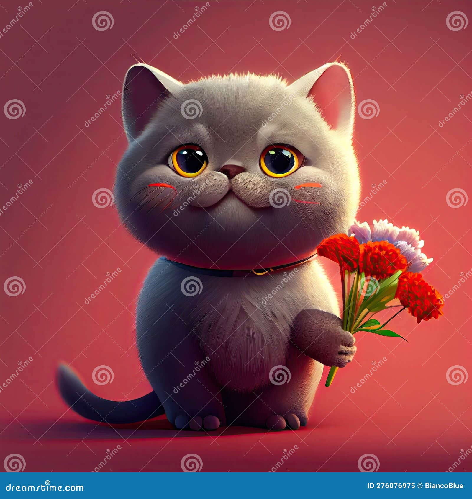 Smiling cute british short hair in cat holding bouquet in colorful flowers  isolated warm background. Concept of phonographic in art digital of animal  abstract profile. Glorious generative AI. Stock Illustration