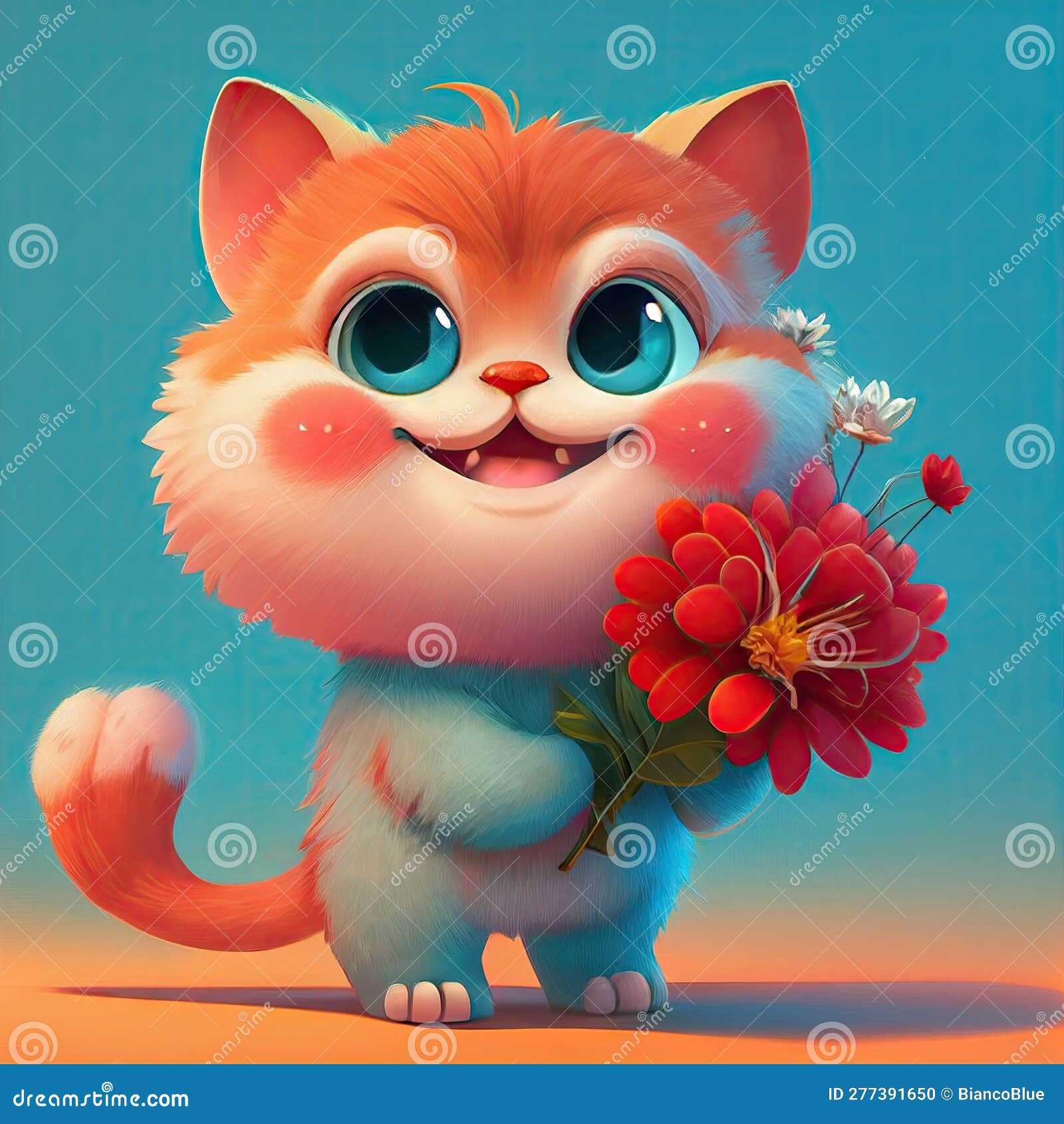 Smiling cute british short hair in cat holding bouquet in colorful flowers  isolated warm background. Concept of phonographic in art digital of animal  abstract profile. Glorious generative AI. Stock Illustration