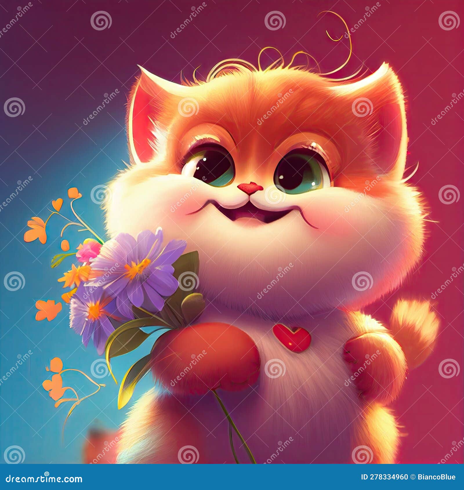 Smiling cute british short hair in cat holding bouquet in colorful flowers  isolated warm background. Concept of phonographic in art digital of animal  abstract profile. Glorious generative AI. Stock Illustration