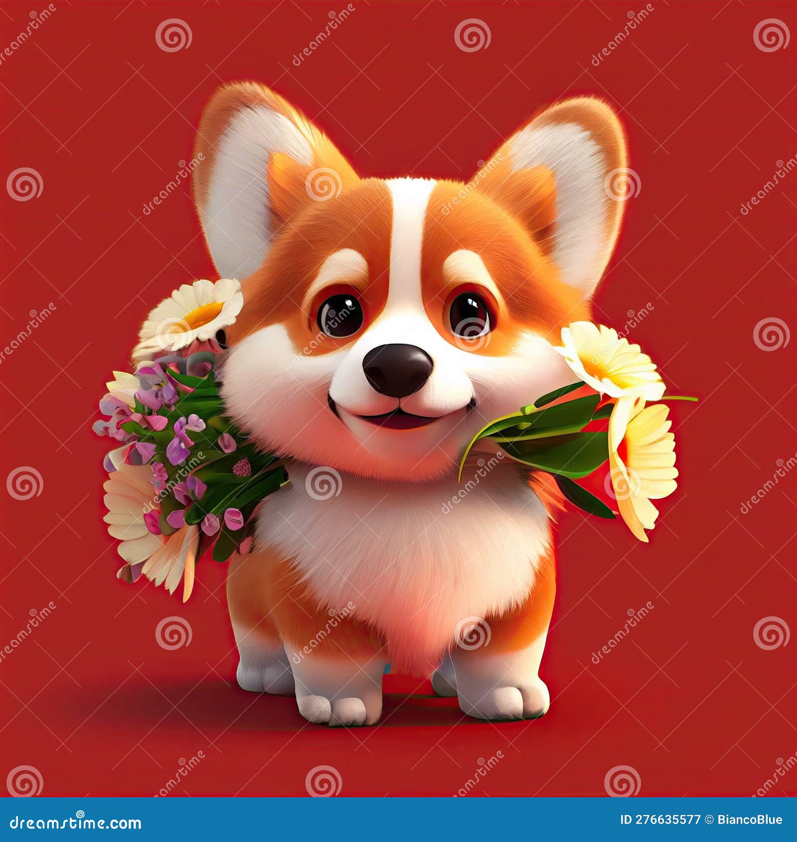 Smiling cute british short hair in cat holding bouquet in colorful flowers  isolated warm background. Concept of phonographic in art digital of animal  abstract profile. Glorious generative AI. Stock Illustration