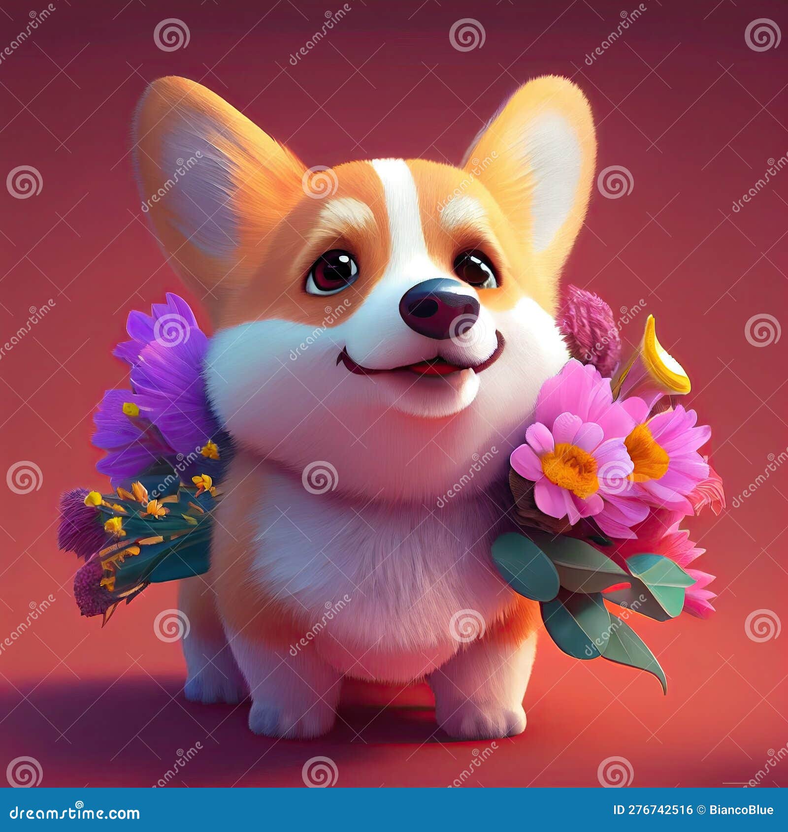 Smiling cute british short hair in cat holding bouquet in colorful flowers  isolated warm background. Concept of phonographic in art digital of animal  abstract profile. Glorious generative AI. Stock Illustration