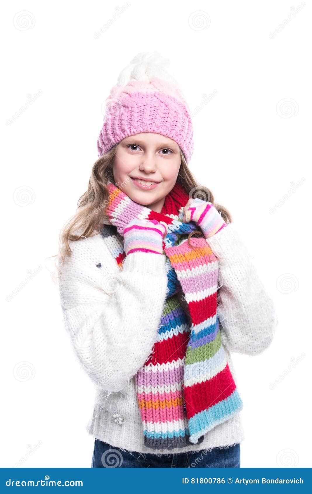 Smiling Cute Little Girl Wearing Knitted Sweater and Colorful Scarf ...