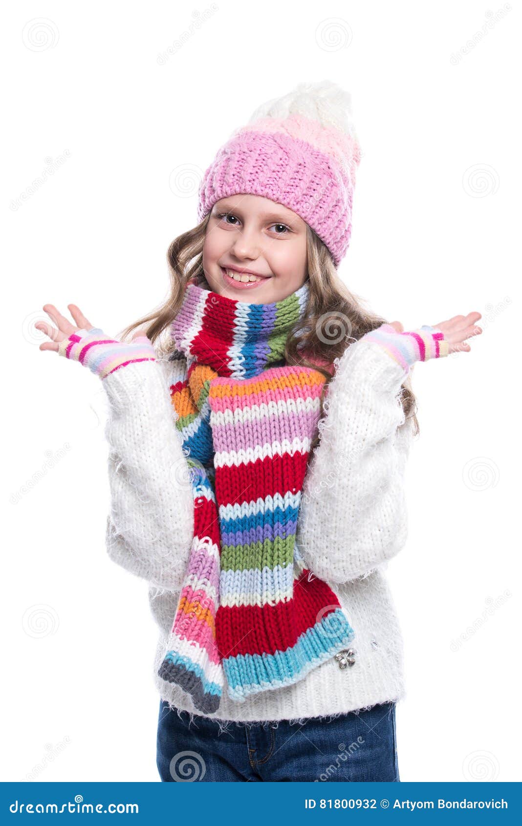 Smiling Cute Little Girl Wearing Knitted Sweater and Colorful Scarf ...