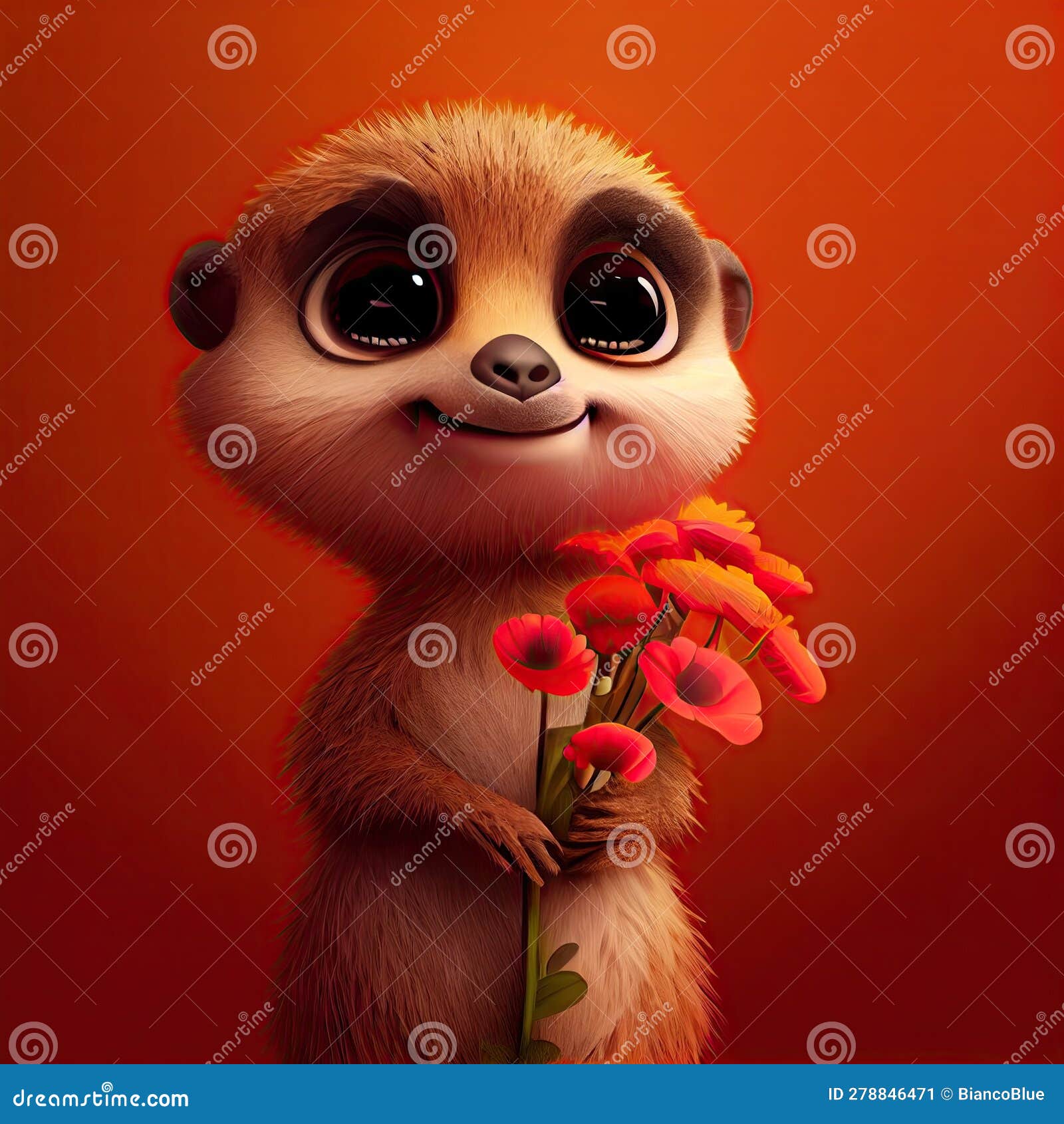 Smiling cute british short hair in cat holding bouquet in colorful flowers  isolated warm background. Concept of phonographic in art digital of animal  abstract profile. Glorious generative AI. Stock Illustration