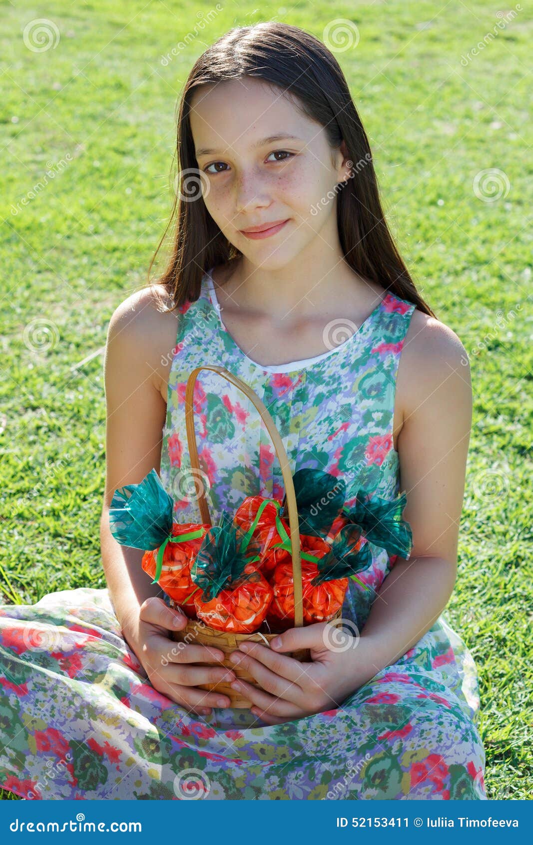 Smiling Cute Teen Girl Holding Basket With Carrot Of Sweet