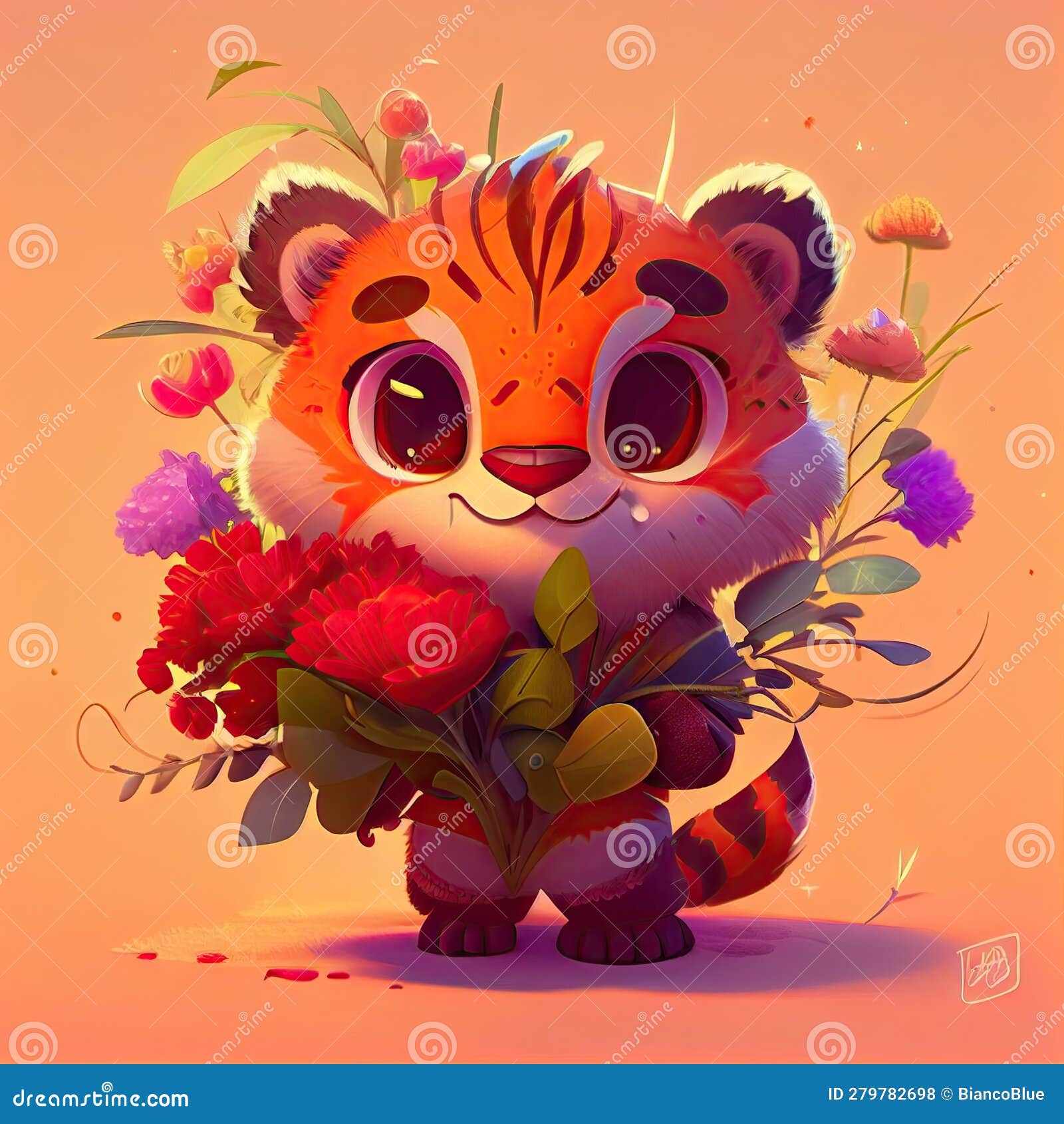 Smiling cute british short hair in cat holding bouquet in colorful flowers  isolated warm background. Concept of phonographic in art digital of animal  abstract profile. Glorious generative AI. Stock Illustration