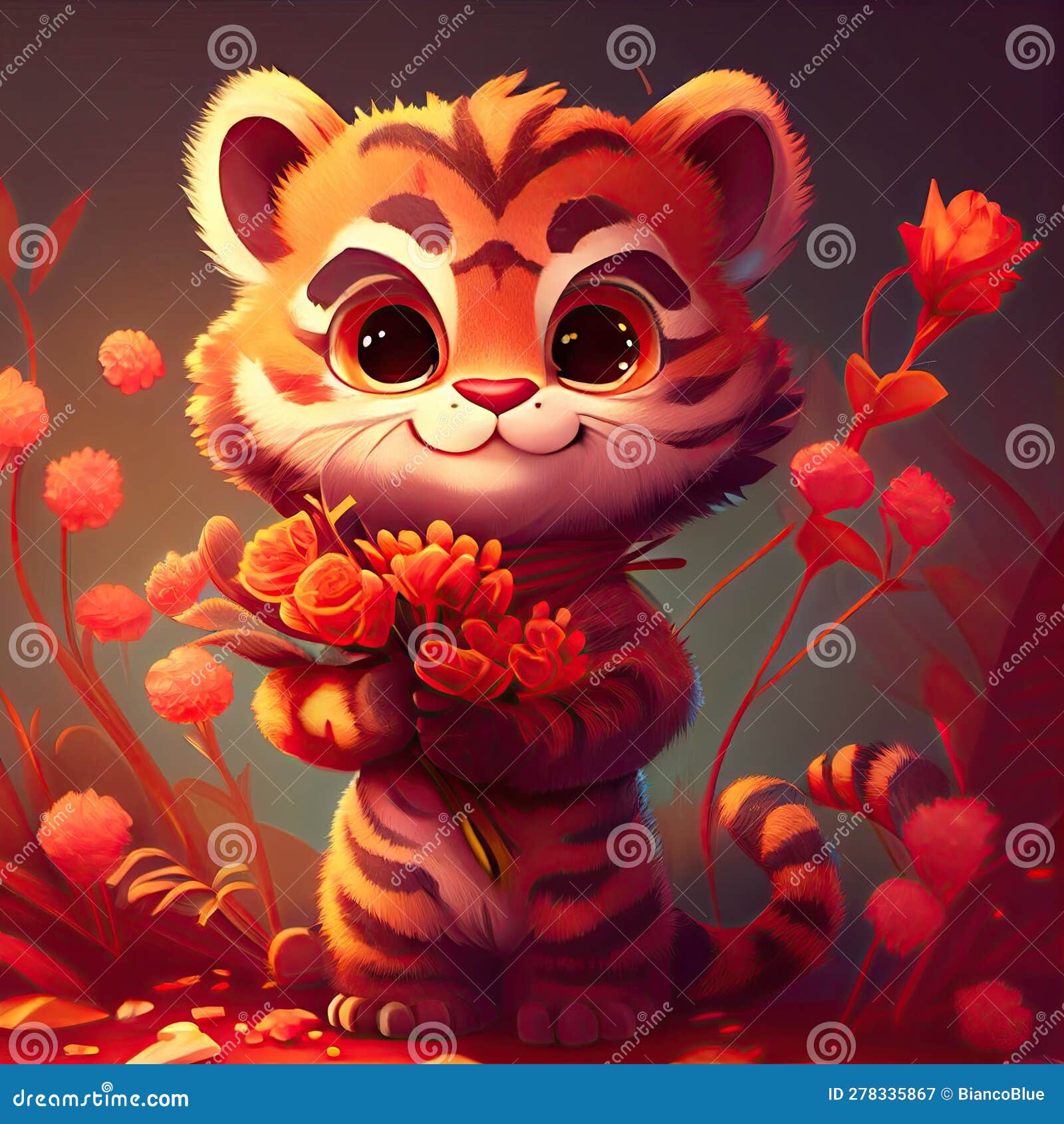 Smiling cute british short hair in cat holding bouquet in colorful flowers  isolated warm background. Concept of phonographic in art digital of animal  abstract profile. Glorious generative AI. Stock Illustration