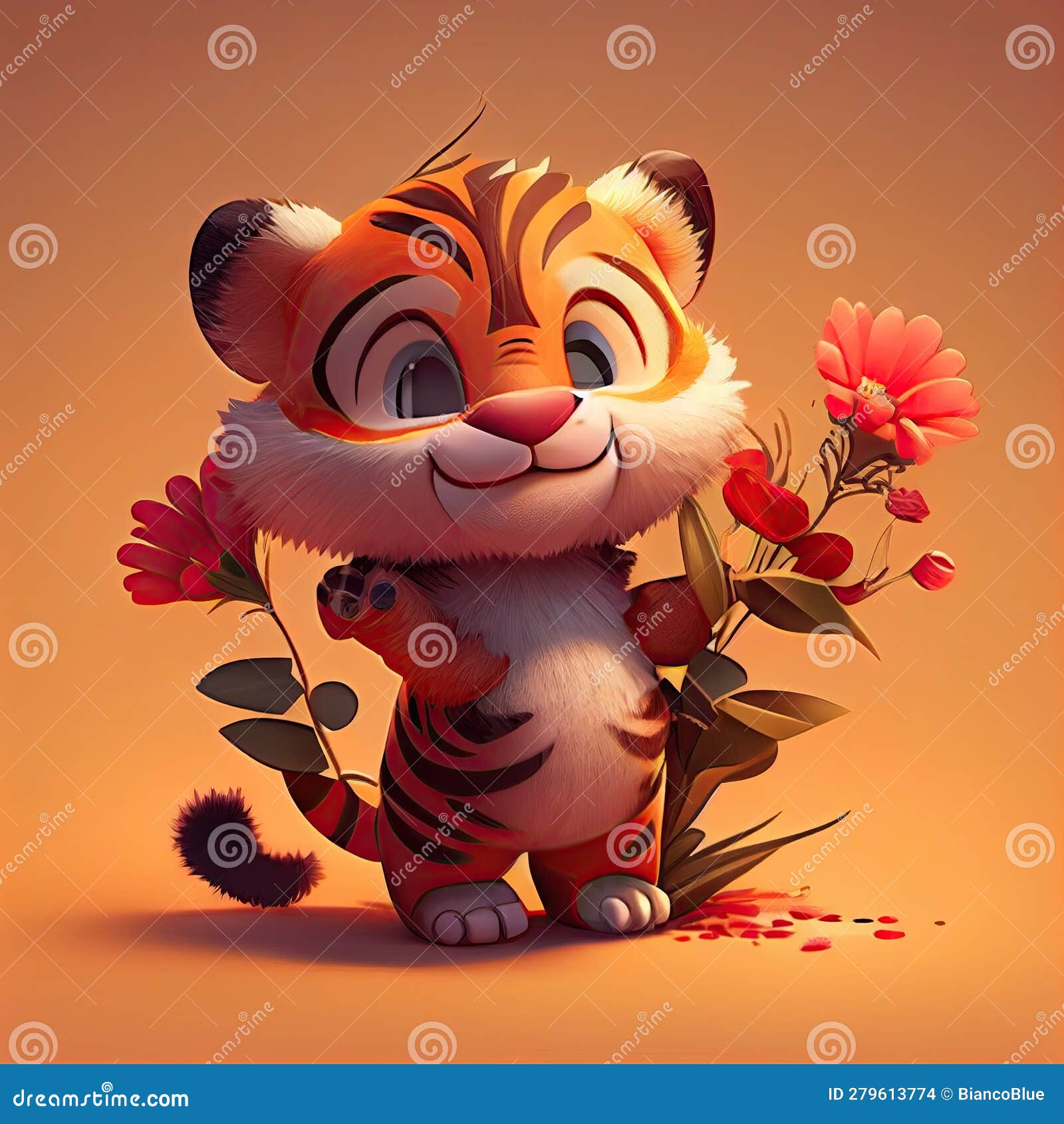 Smiling cute british short hair in cat holding bouquet in colorful flowers  isolated warm background. Concept of phonographic in art digital of animal  abstract profile. Glorious generative AI. Stock Illustration