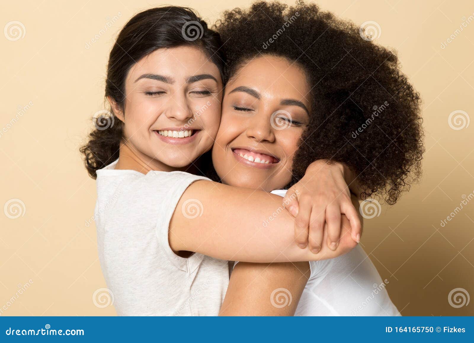 Smiling Diverse Girls with Closed Eyes, Best Friends Hugging Stock ...