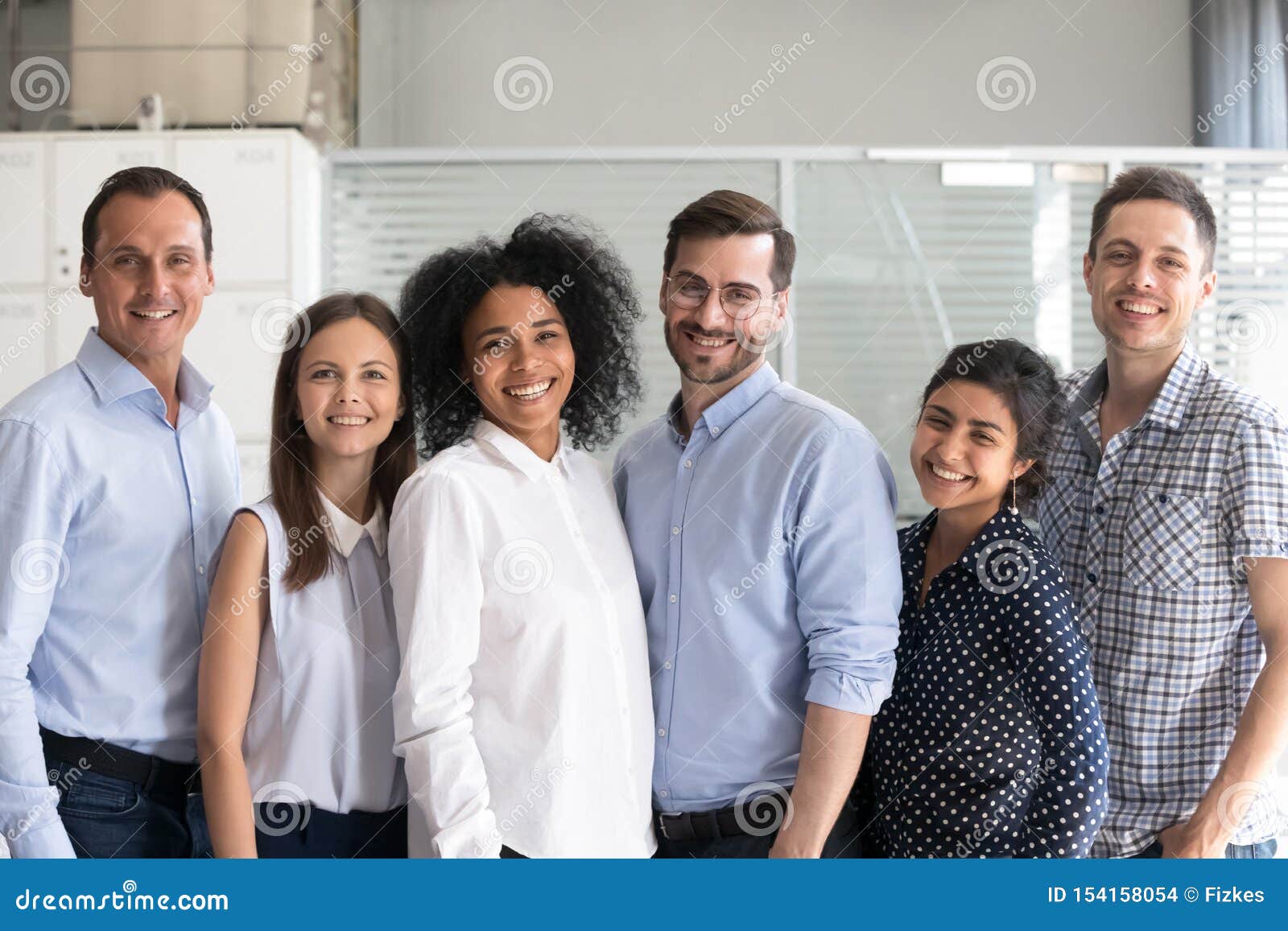 smiling diverse office workers group, multiracial employees