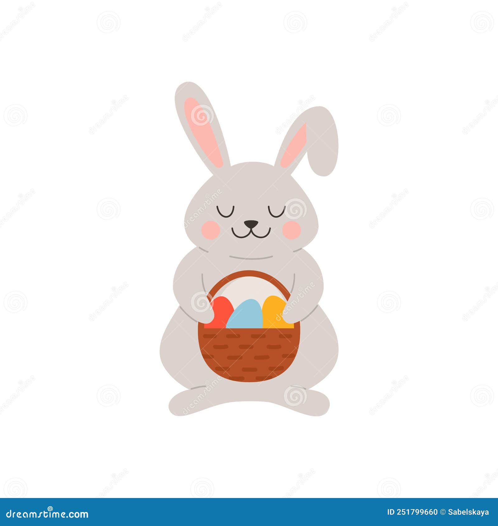 Smiling Easter Bunny Holding Basket with Painted Eggs Flat Style