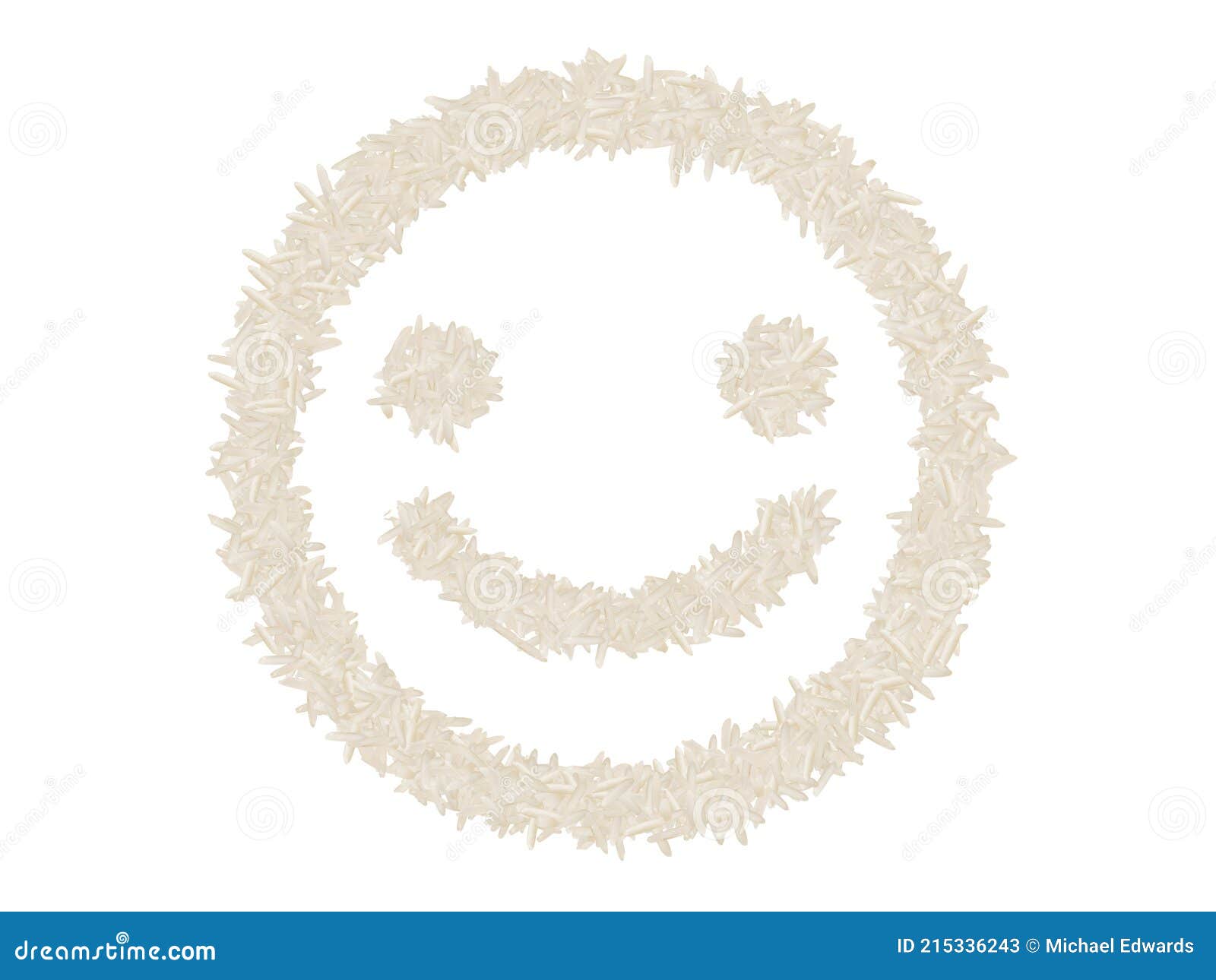 A Smiling Emoji Made of Rice Grains on a White Isolated Background