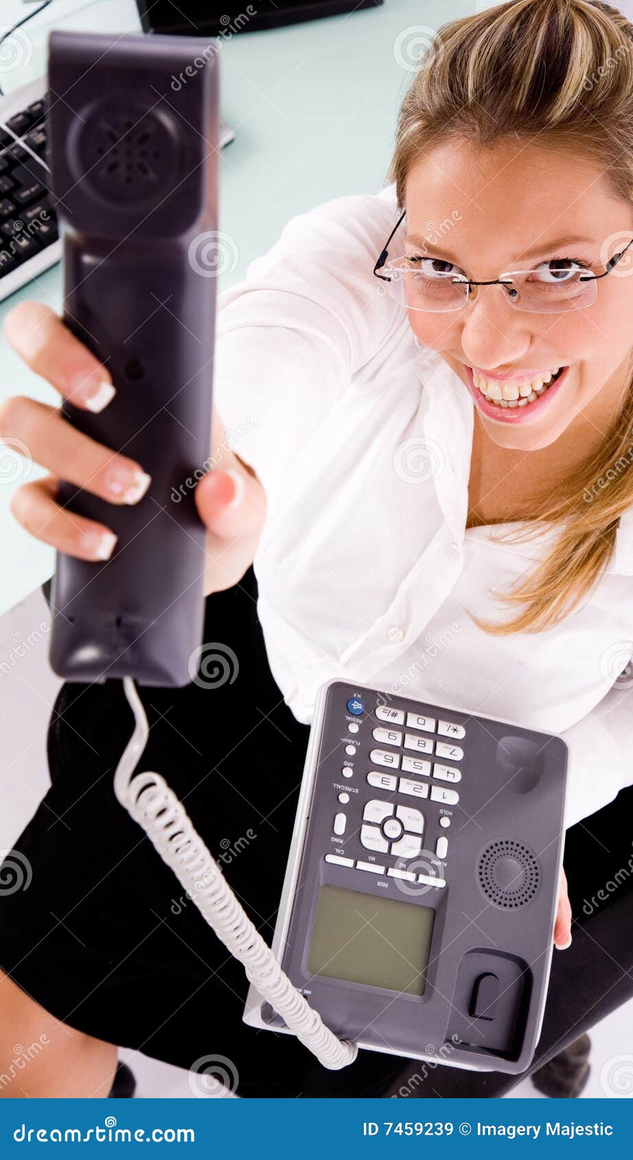 Smiling Employee Showing Phone Receiver Stock Image Image of phone