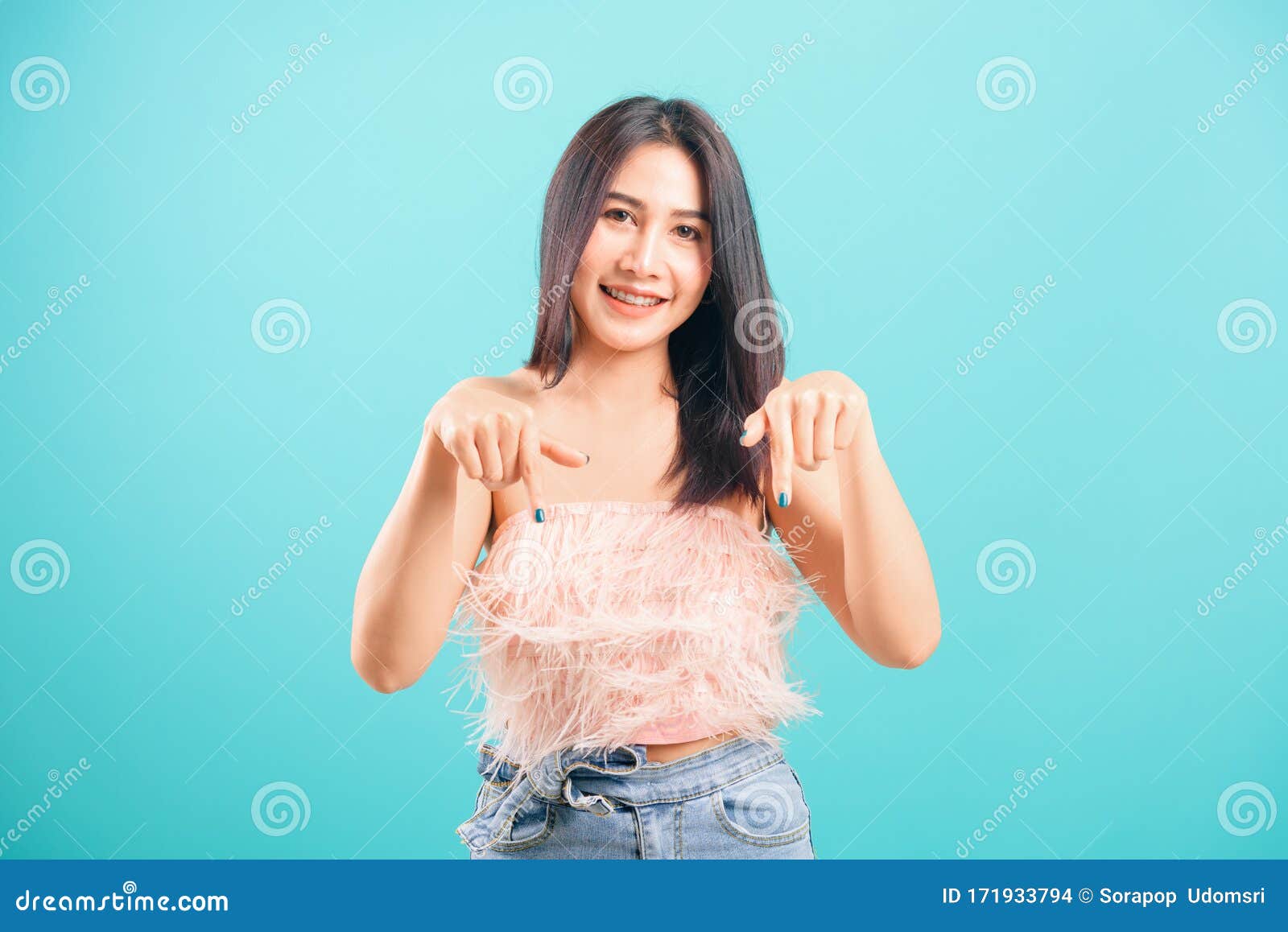 Smiling Face Asian Beautiful Woman Her Pointing Finger Down And Looking