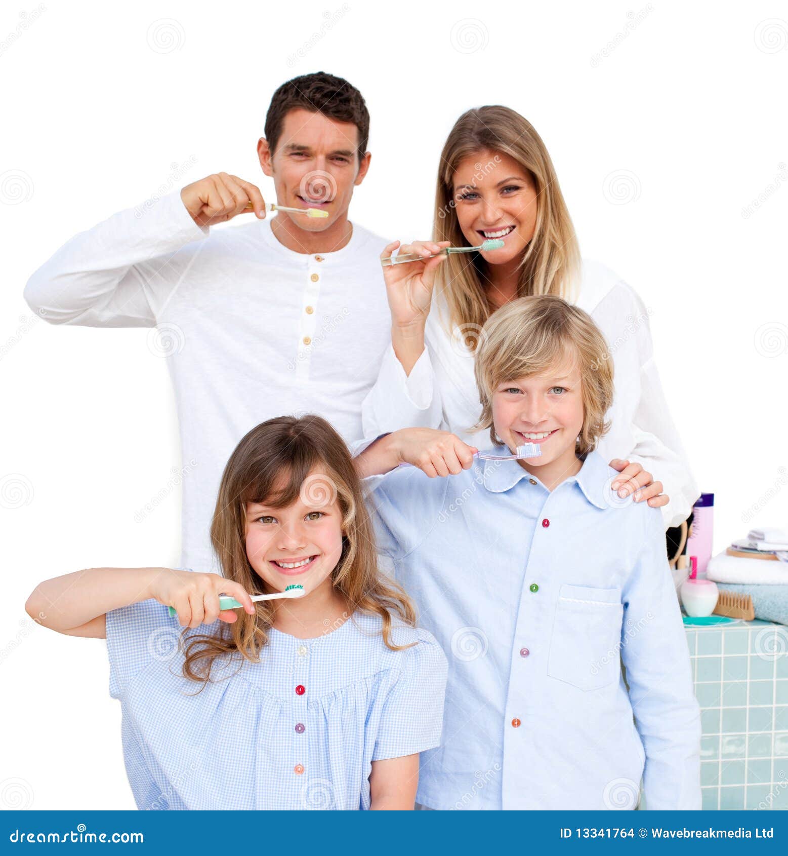 Smiling Family Brushing Their Teeth in the B Stock Photo Image of