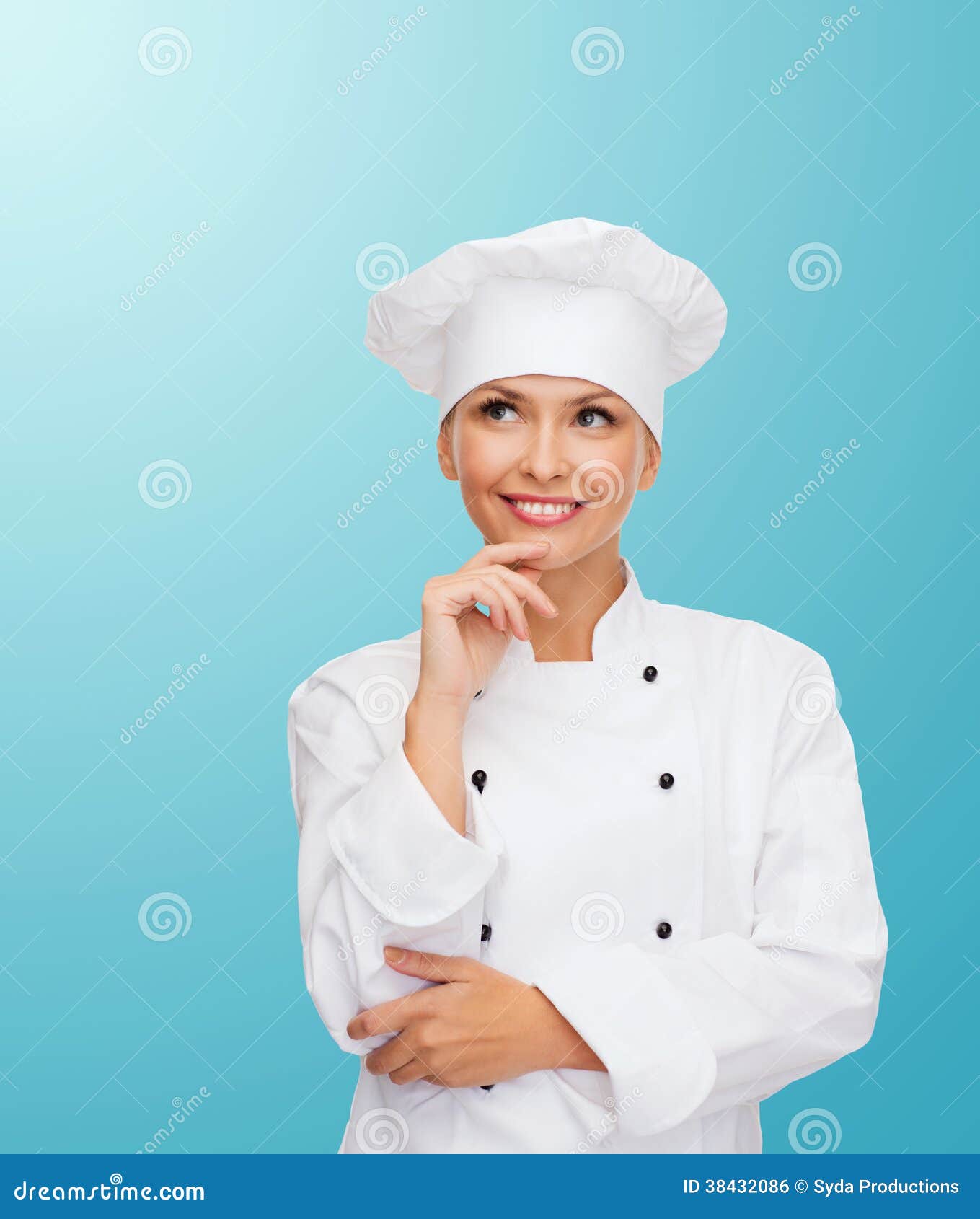 Smiling Female Chef Dreaming Stock Photo - Image of dreaming, choice ...