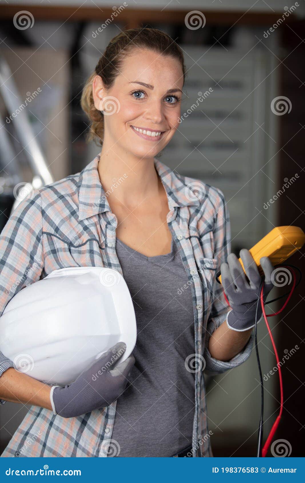 Smiling Female Electrician at Work Stock Image Image of power