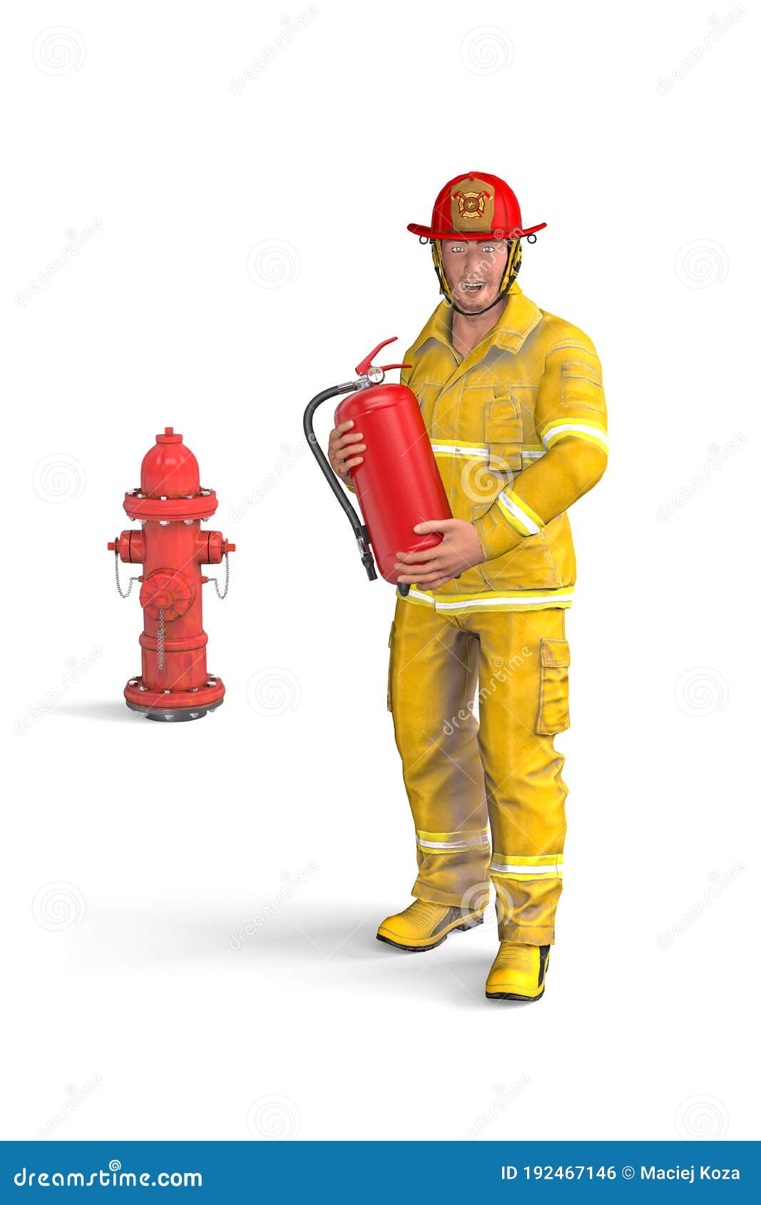 Smiling Firefighter with a Fire Extinguisher Stock Illustration
