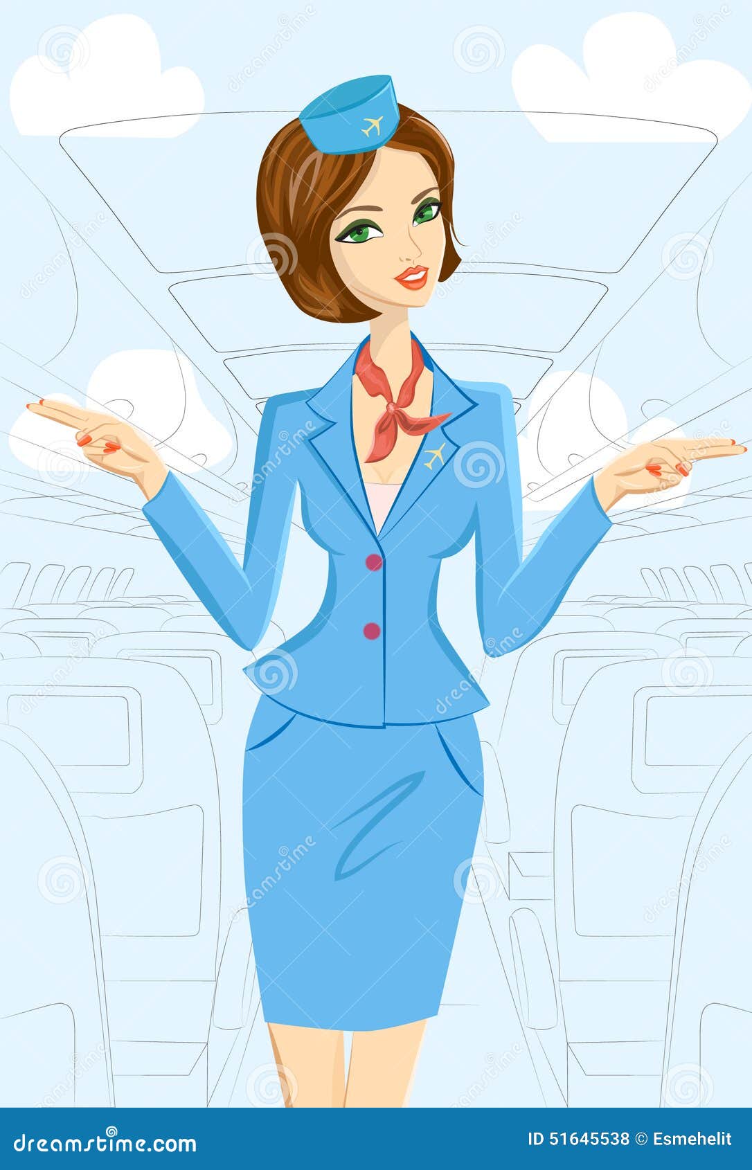 smiling flight attendant showing emergency exits on plane