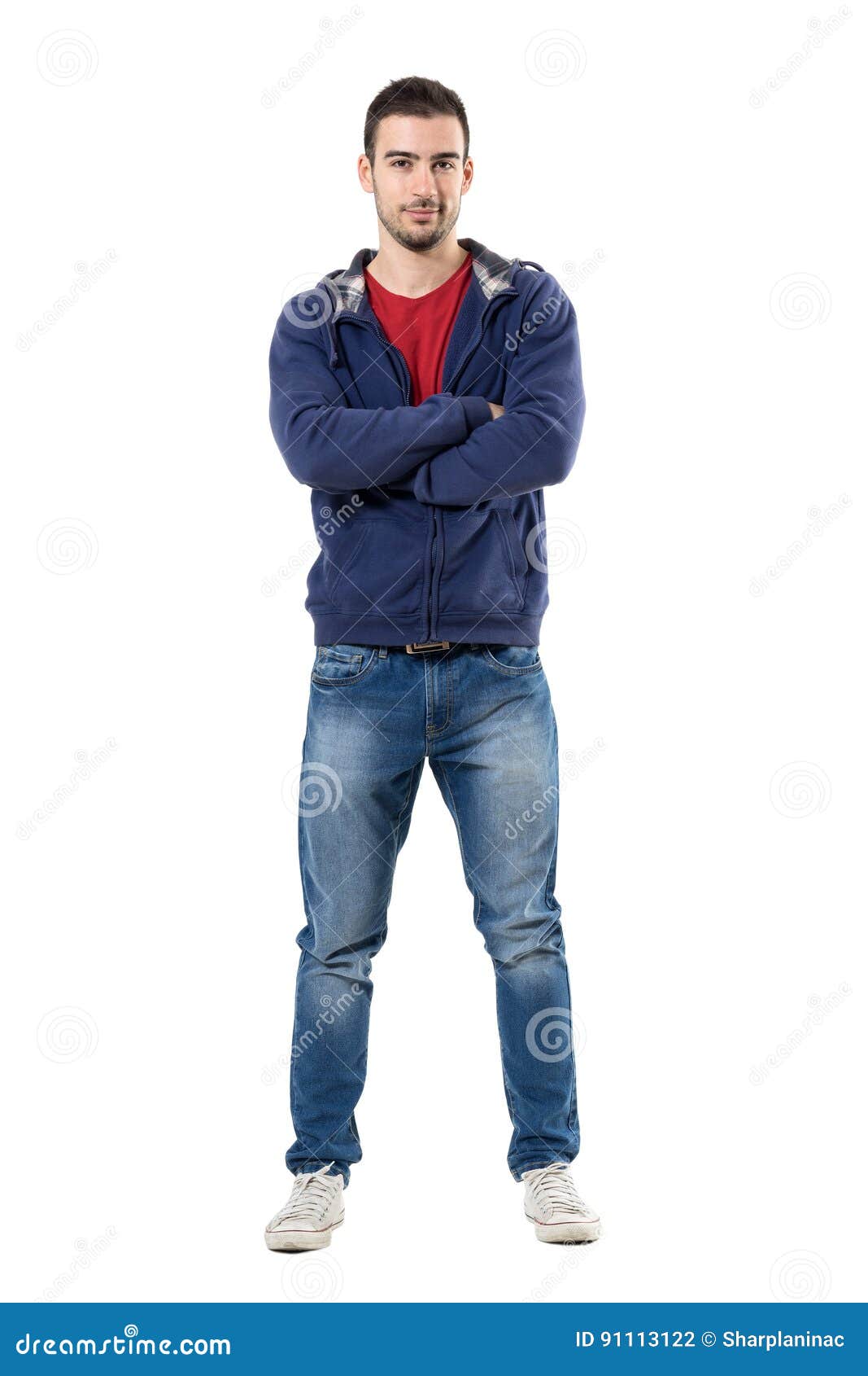 Smiling Friendly Man in Hooded Blue Shirt with Crossed Arms Looking at ...