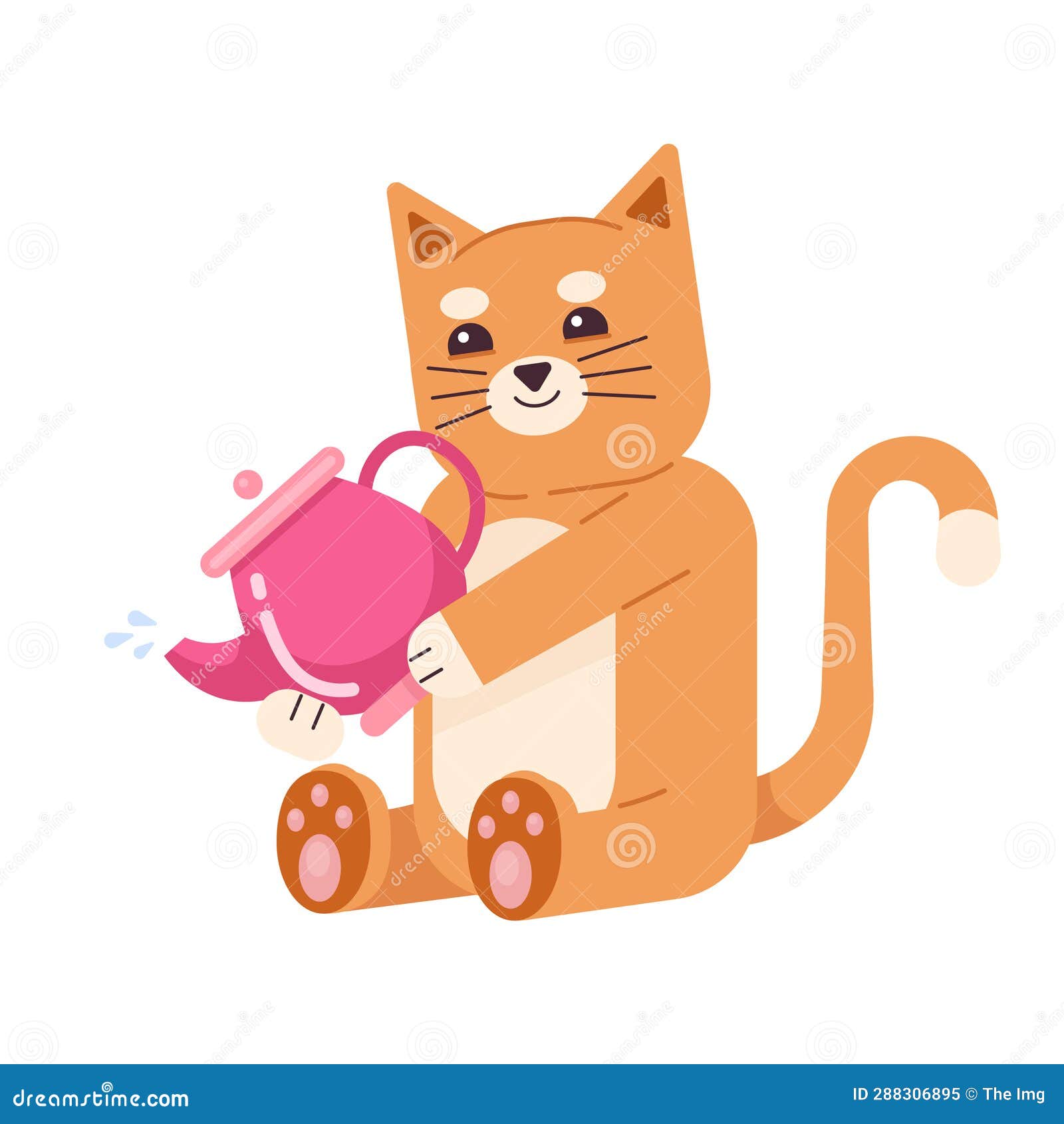 Smiling Ginger Cat Holding Teapot Semi Flat Color Vector Character