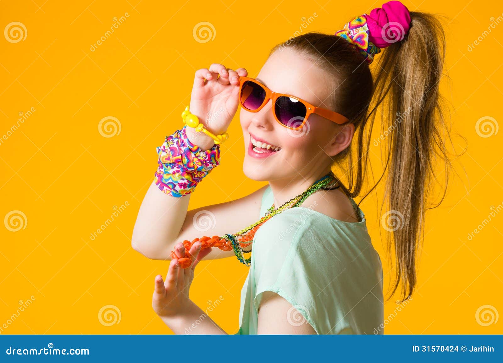 Fashion Teenager Girl in Vintage Sunglasses Dances Disco 80s 90s