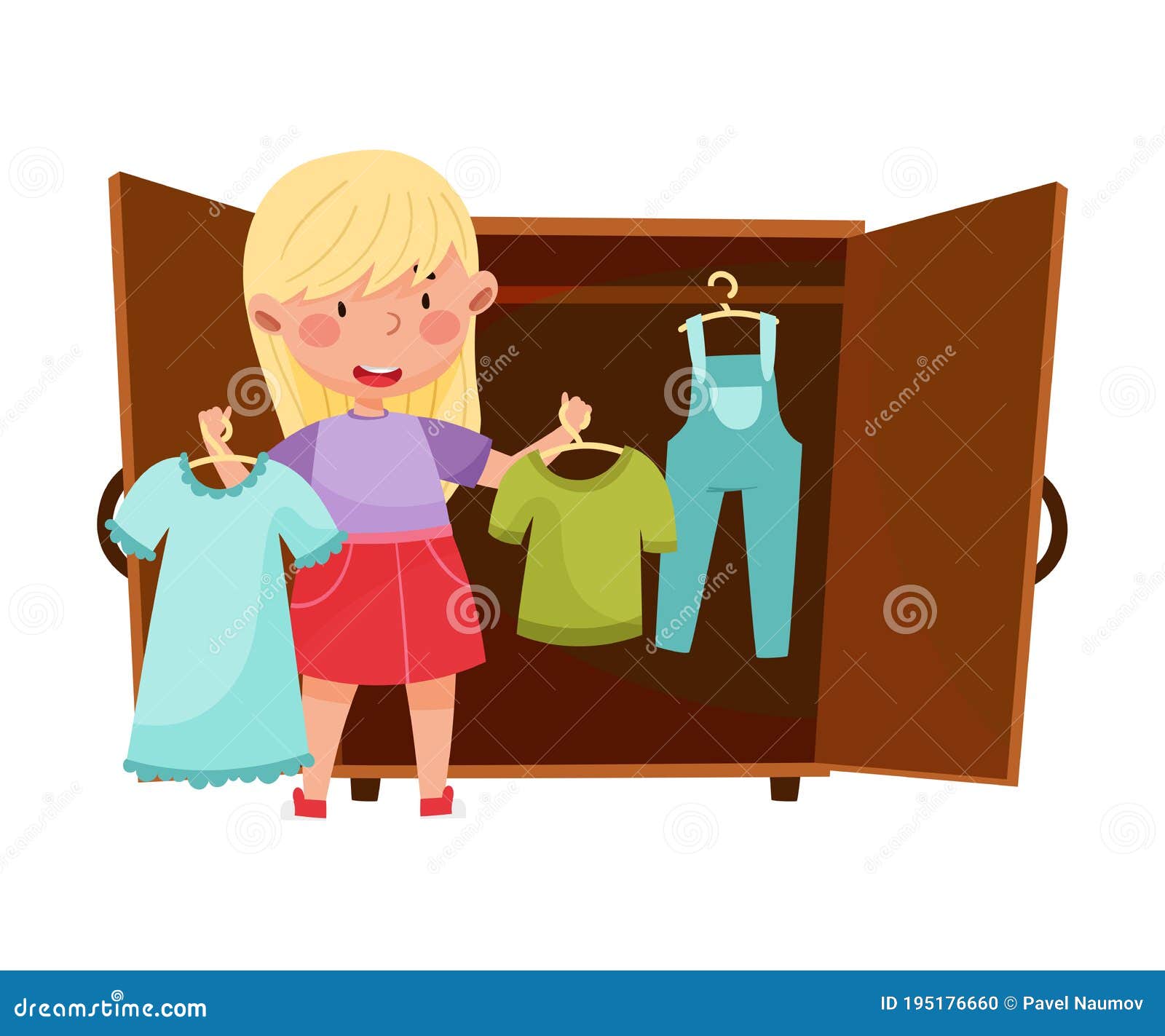 Smiling Girl Engaged in Housework Putting Clothing in Wardrobe in Order ...