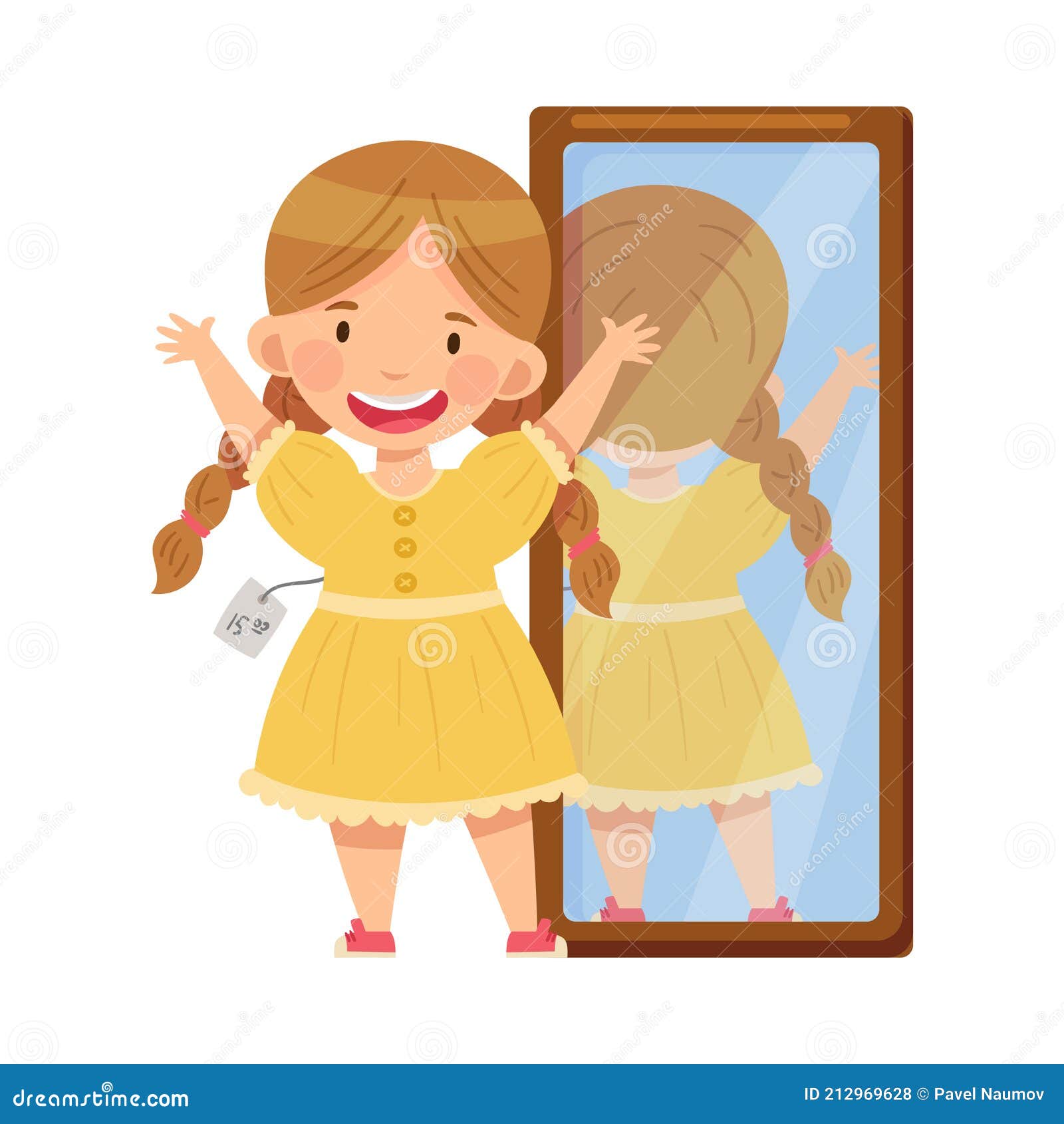 Smiling Girl Fitting Trendy Dress in Front of the Mirror Vector ...