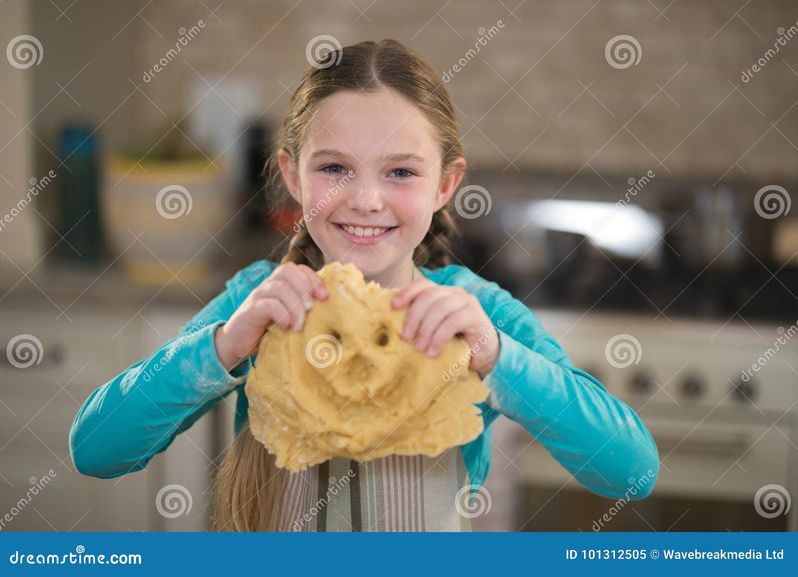 Smiling Girl Holding Dough in Kitchen Stock Image Image of child