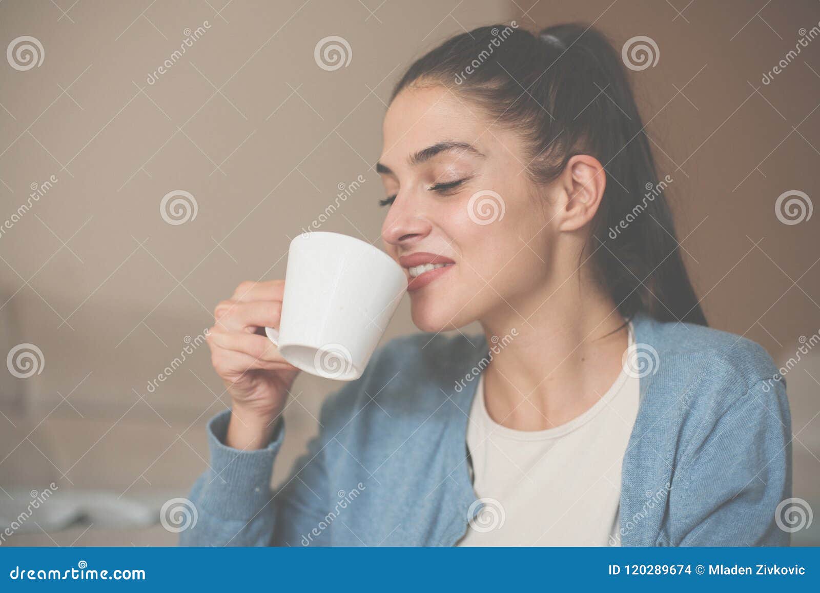 Girl at Home Drinking Enjoying in Coffee. Stock Photo - Image of living ...